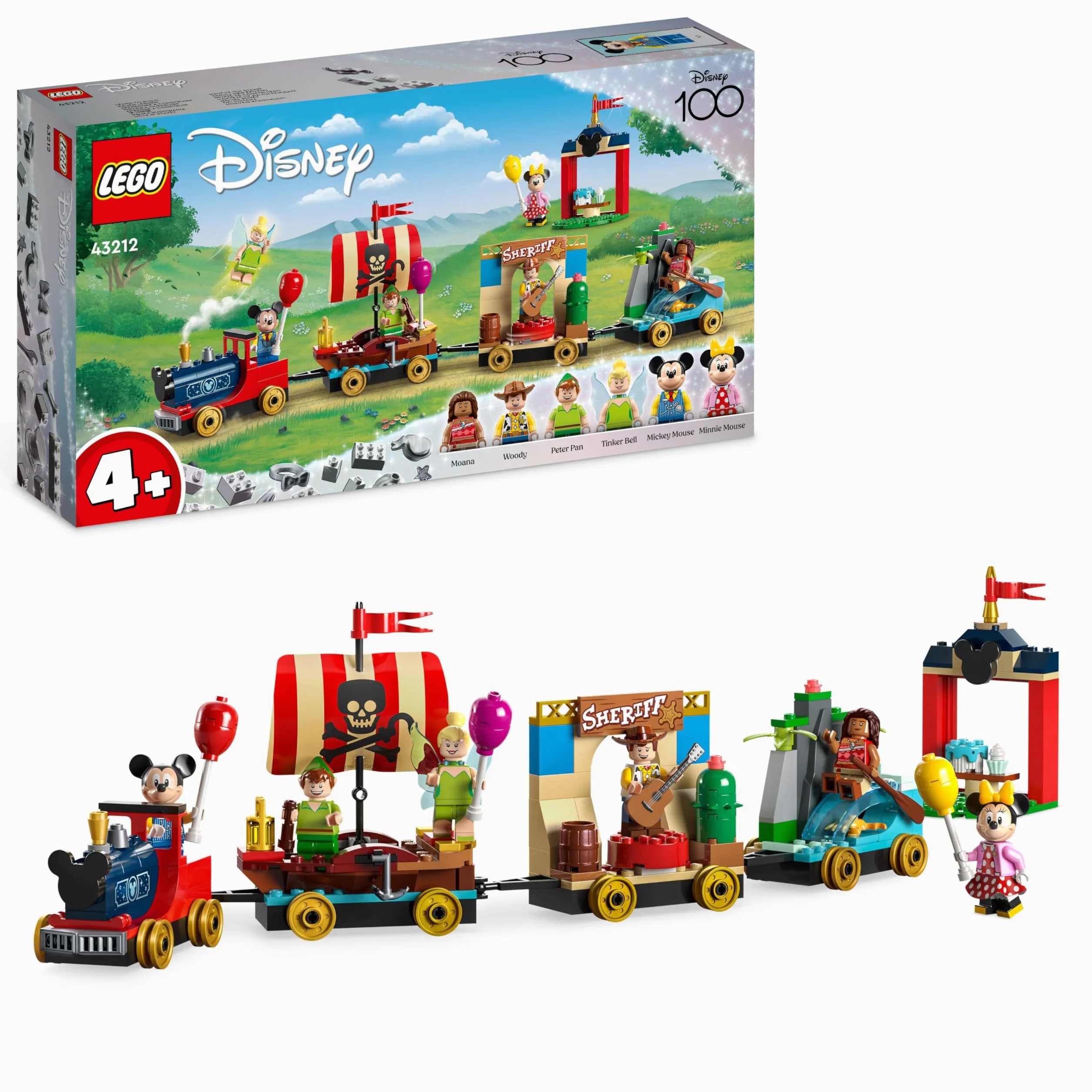LEGO Disney Treno delle Celebrazioni Disney, Giochi per Bambini e Bambine da 4 anni, Giocattolo Serie 100° Anniversario con Carri di Vaiana, Woody, Peter Pan e Trilli più Topolino e Minnie 43212