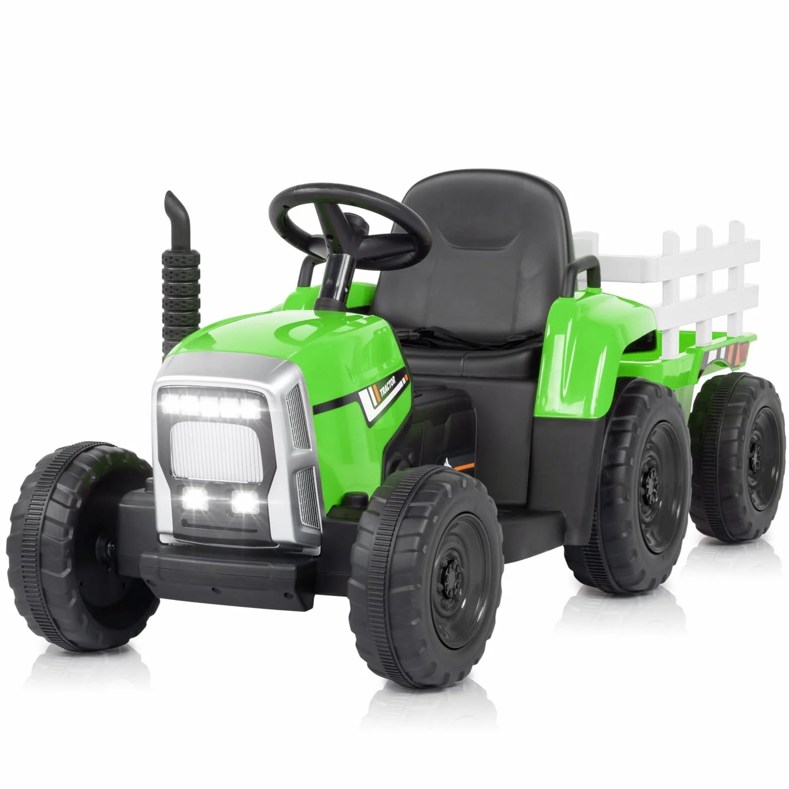 LALAHO trattore elettrico per bambini 12V con luci a LED, trattore telecomandato, musica, 3-8km/h, rimorchio staccabile (Verde chiaro)