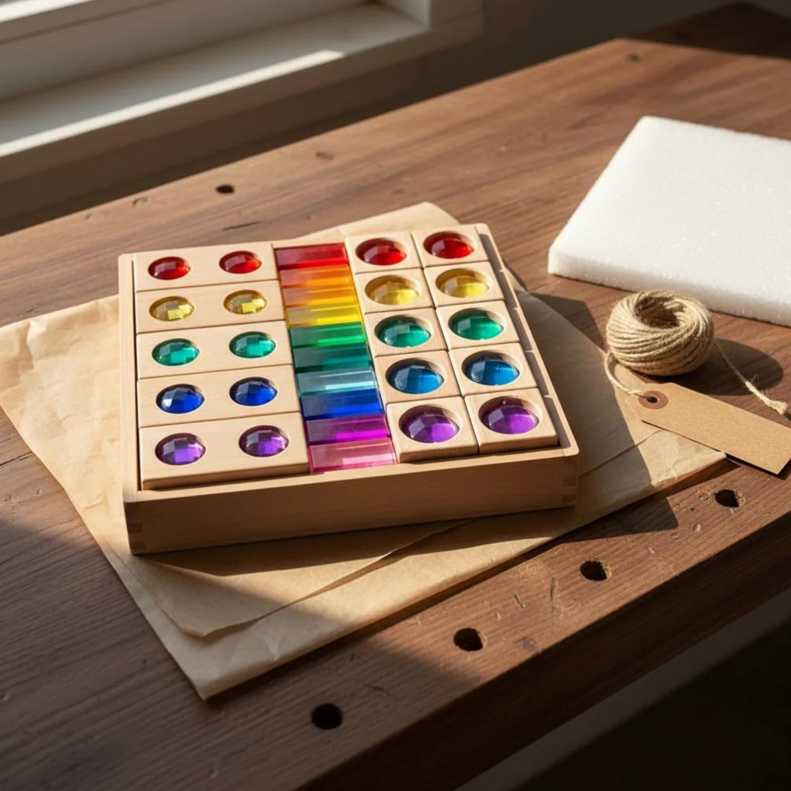 Blocchi Sensory per Bambini Set Didattico con Mattoncini Acrilici Blocchi Trasparenti Struttura in Legno Attività di Riconoscimento Colori E