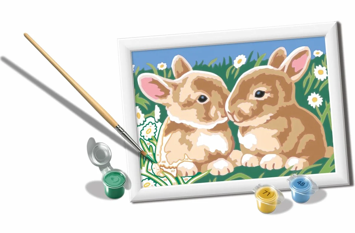 Ravensburger CreArt: Teneri coniglietti – Dipingere con i Numeri per Bambini 7+ Anni, Kit Pittura con Tavole, Cornice, Pennello e Colori Inclusi, 14 x 19 cm, Idee Regalo