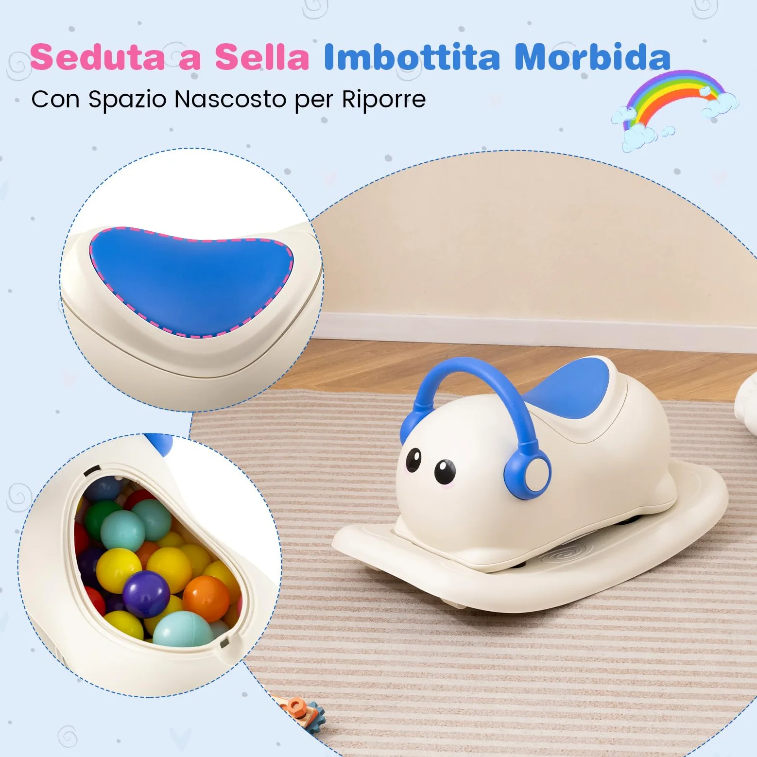 COSTWAY 3 in 1 Cavallo a Dondolo per Bambini con Spazio Nascosto | Dondolo Cavalcabile con Ruote Scorrevoli e Tavola di Equilibrio Rimovibile, Regalo per Bambini 1-3 Anni