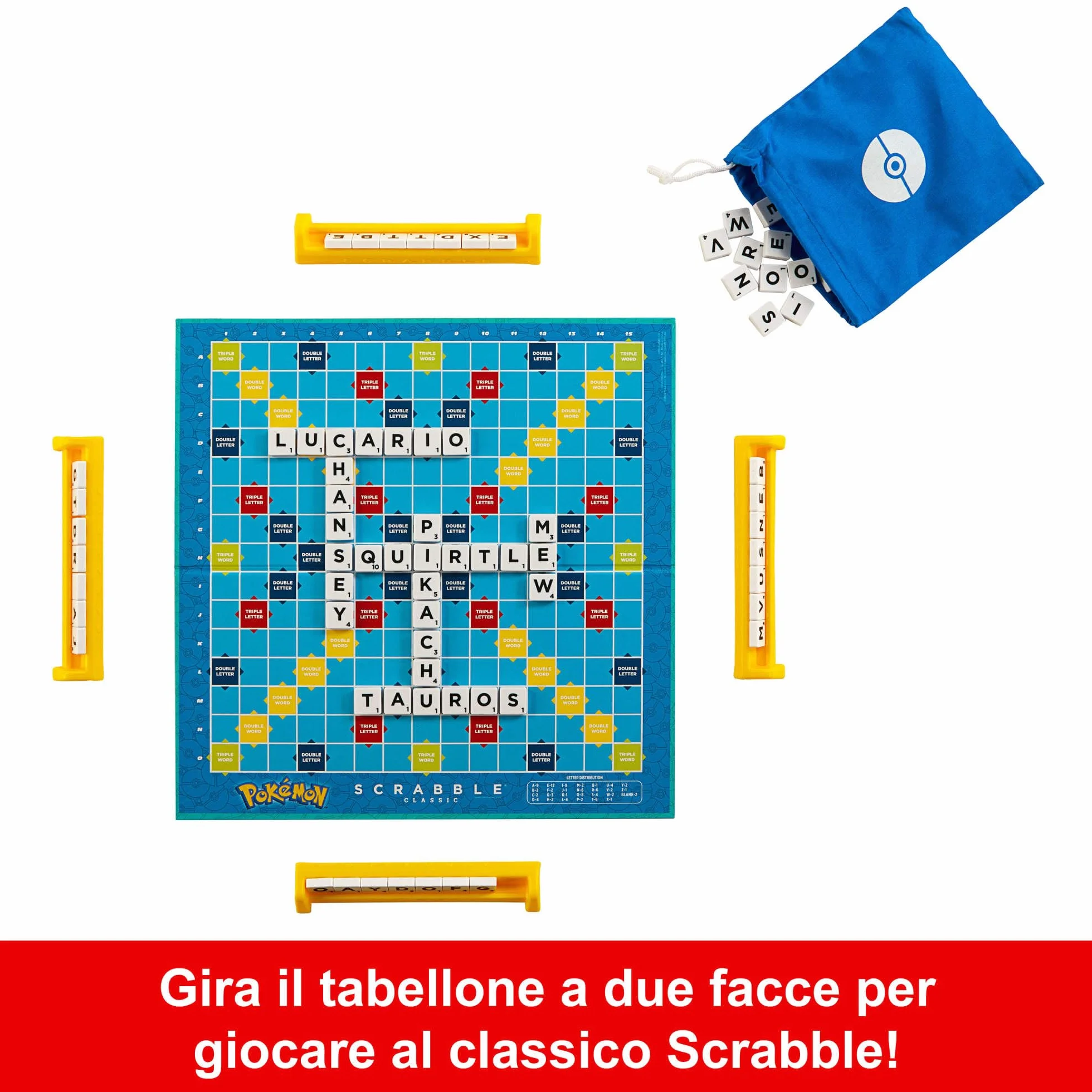 Mattel Games - Scrabble Pokémon, il gioco da tavolo delle parole crociate con 50 sfide dei personaggi Pokémon, tabellone a due facce con due modalità di gioco, versione italiana, 8+ anni, HXT30