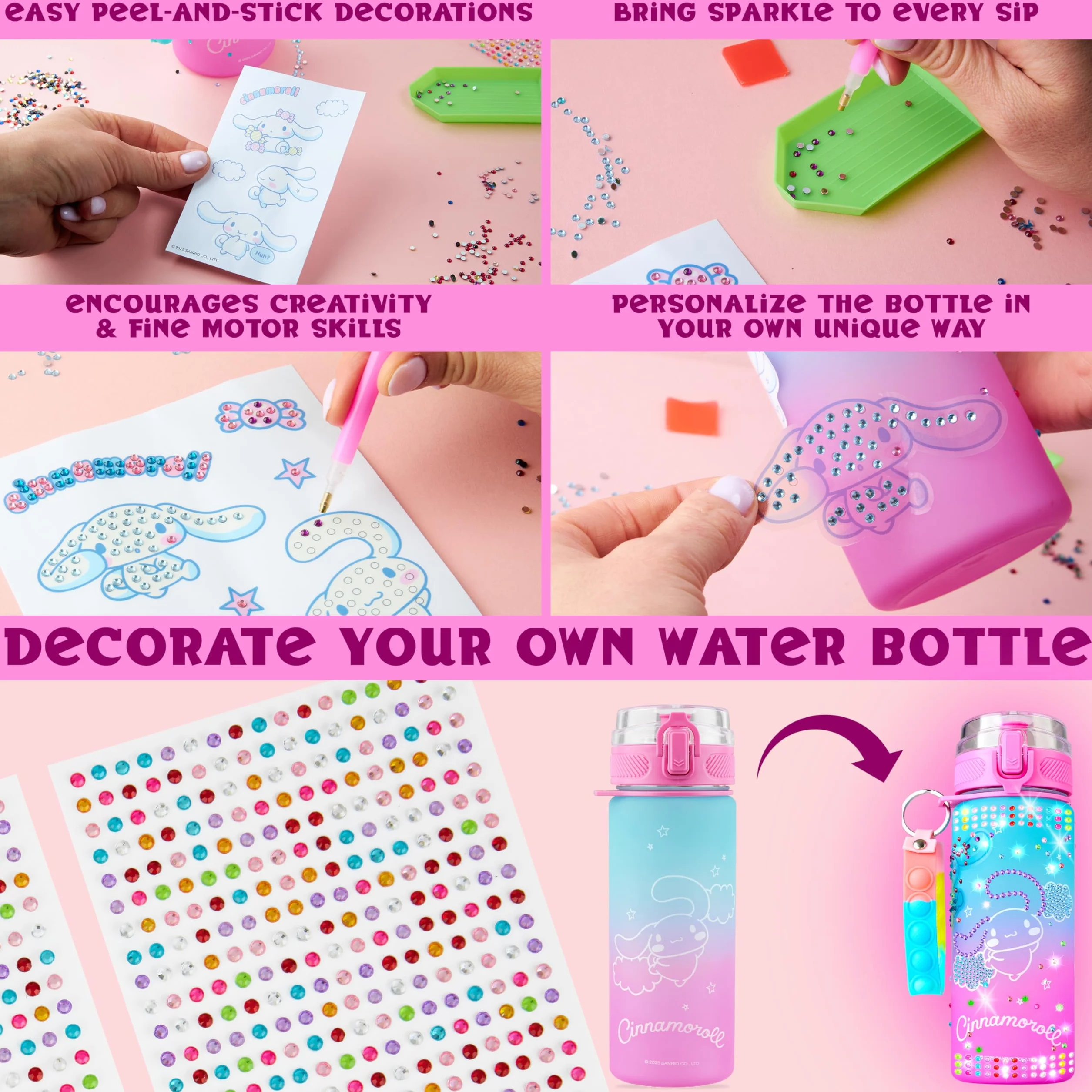 Get Trend Hello Kitty Sanrio Cinnamoroll Kit Creativo Bambina DIY Borraccia da Decorare Bambina, 550ml Senza BPA Tappo Ribaltabile a Prova di Perdite, Gemme Artigianali (Multi Cinamonroll)