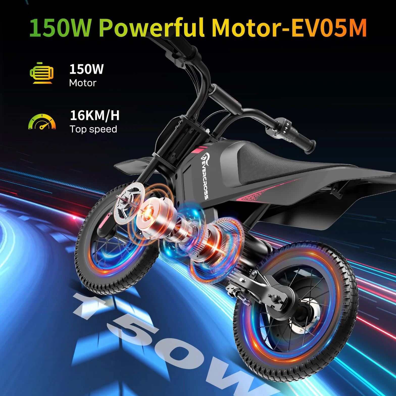EVERCROSS EV05M Motocicletta Elettrica per Bambini, E-Moto da 150 W, Modalità Velocità 8/16 km/h e Motocicletta Elettrica a Lungo Raggio da 15 km, Moto Cross da 12'' per Bambini