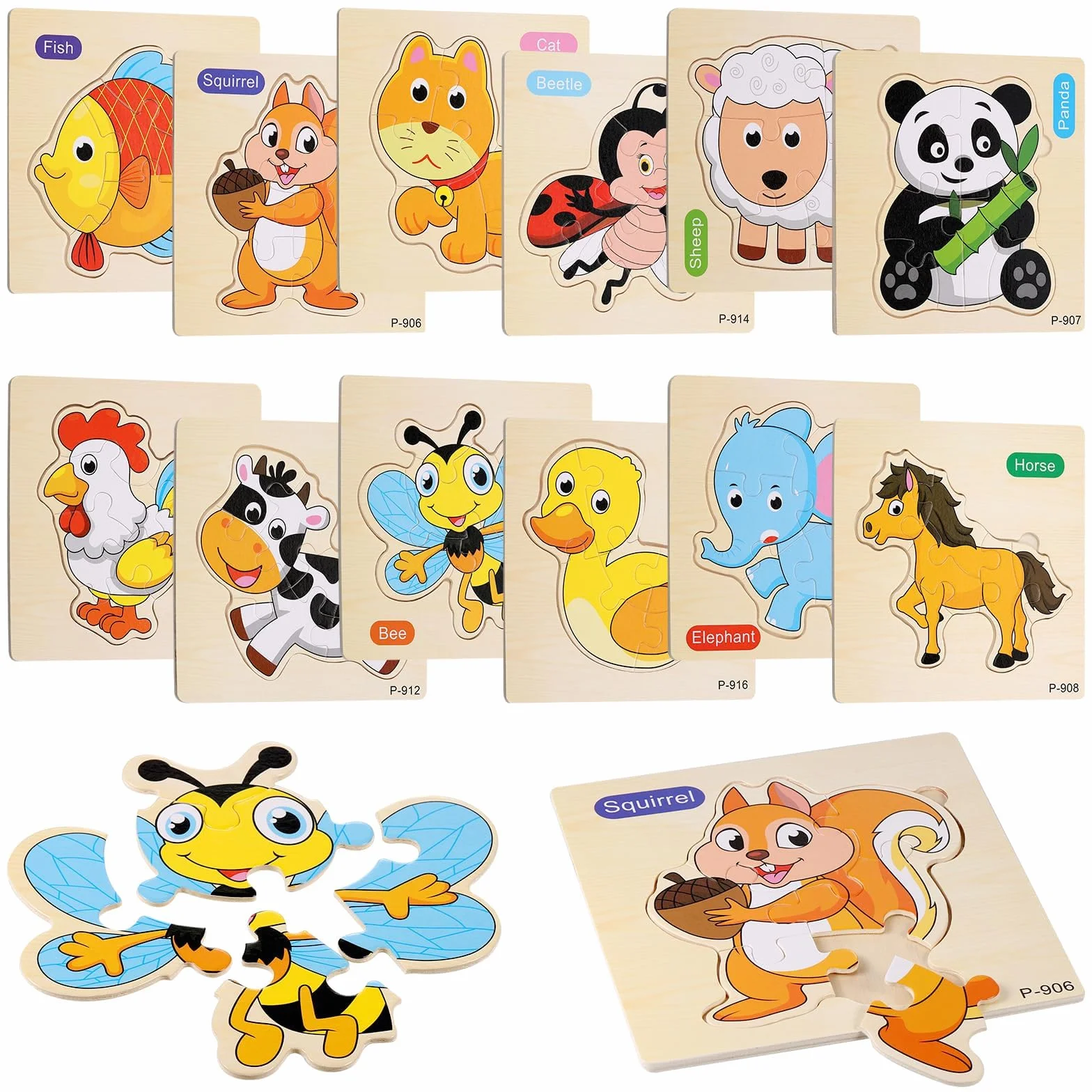 Puzzle Legno Bambini, 12 Pezzi Puzzle Animali Legno, Giocattoli Educativi Montessori Bambini 1 2 3 Anni, Set Puzzle per Regali Compleanno Pasqua Halloween Natale