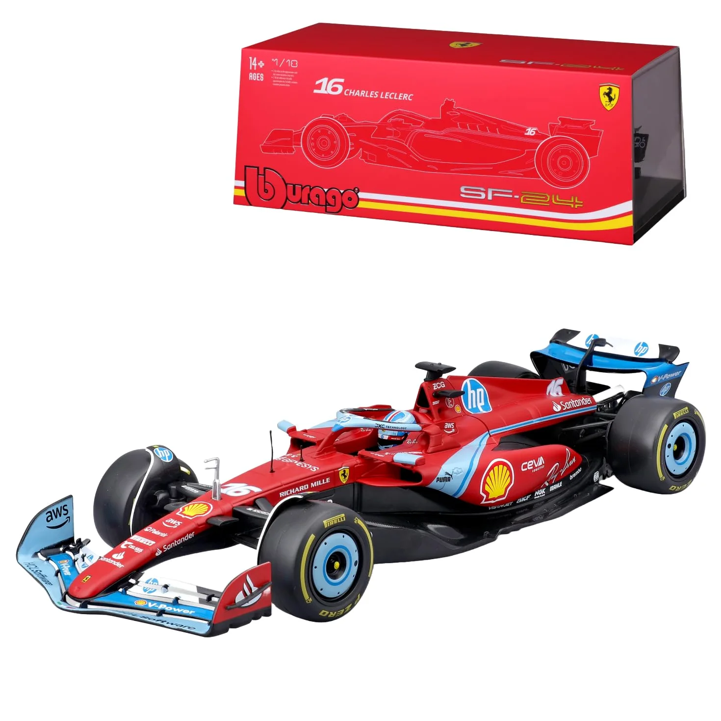 Bburago Formula 1 Ferrari SF-24 Miami Versione Deluxe Edition (2024): modellino auto in scala 1:18, autista #16 Charles Leclerc, custodia rigida 35,9 cm, rosso (18-16821-1)