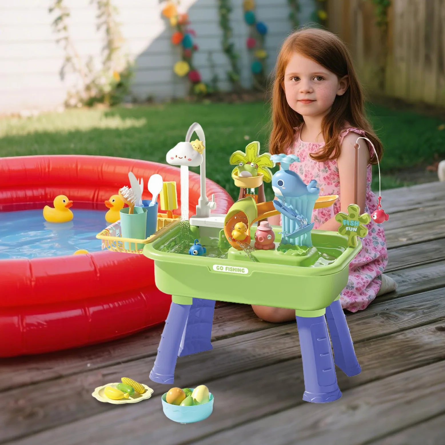 Tavolo Acquatico Tavolo Sabbia e Acqua da Esterno | Sensoriale Educativo con Pompa per Giardino Sviluppo Coordinazione Mano-Occhio Attività Estive Interattivo