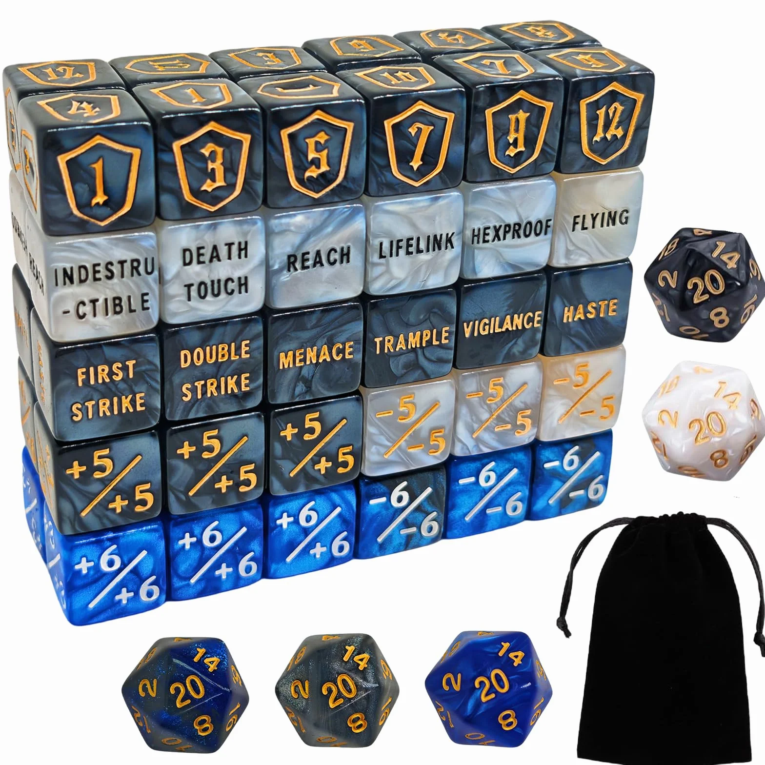 65 PCS MTG Contatori di Dadi - Contatore di Parole Abilità, -1/+1 Life Counter, Shield Life Counter Dice, Marble Colour D6 Dice Dice, per MTG, TCG, Giochi di Carte (sacchetto nero incluso)