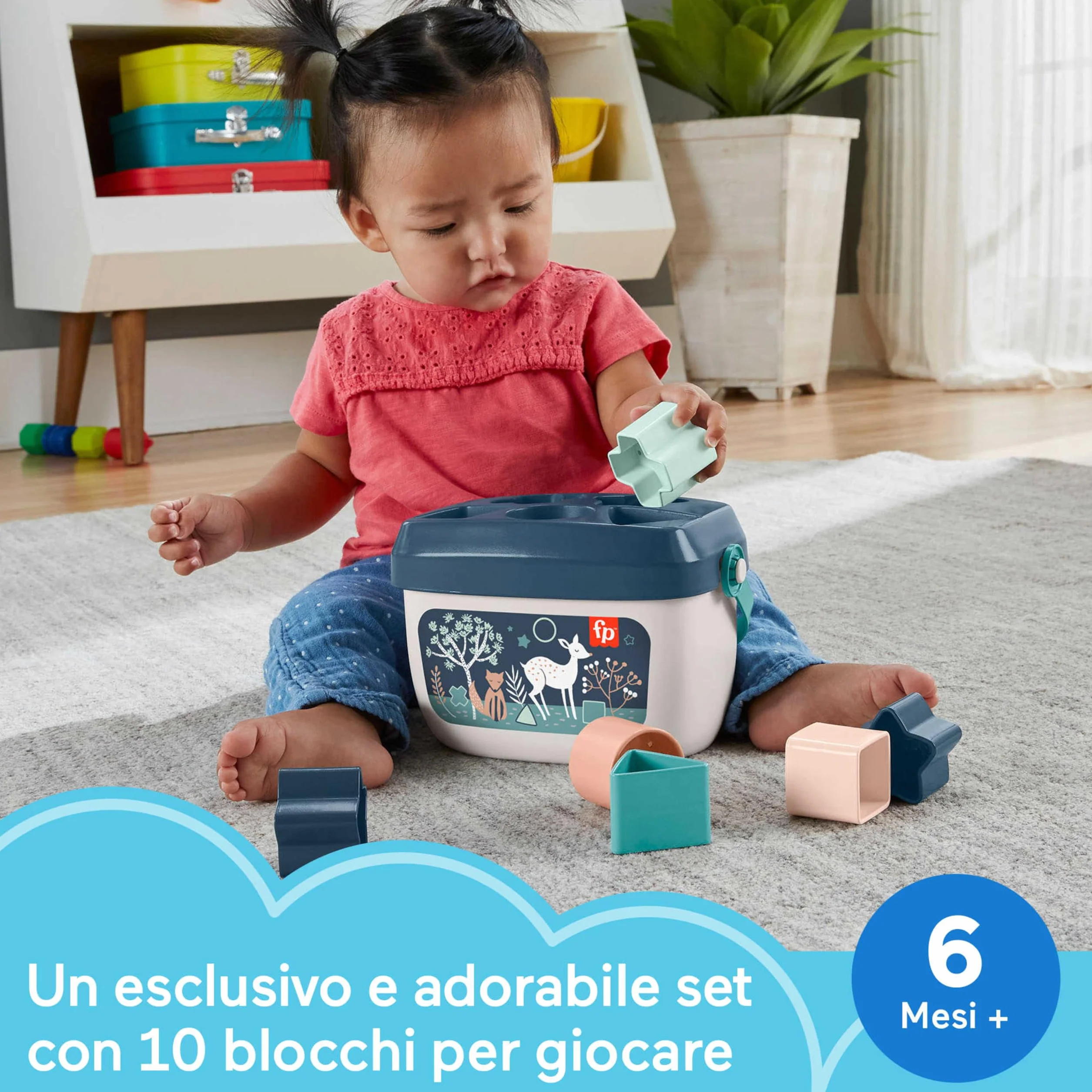 Fisher-Price - Blocchi Assortiti Cerbiatto Blu, Set di 10 Blocchi da Impilare e Identificare per Neonati dai 6 Mesi in su, Giocattolo per Bambini 6+ Mesi, HJP20 [Esclusivo Amazon]