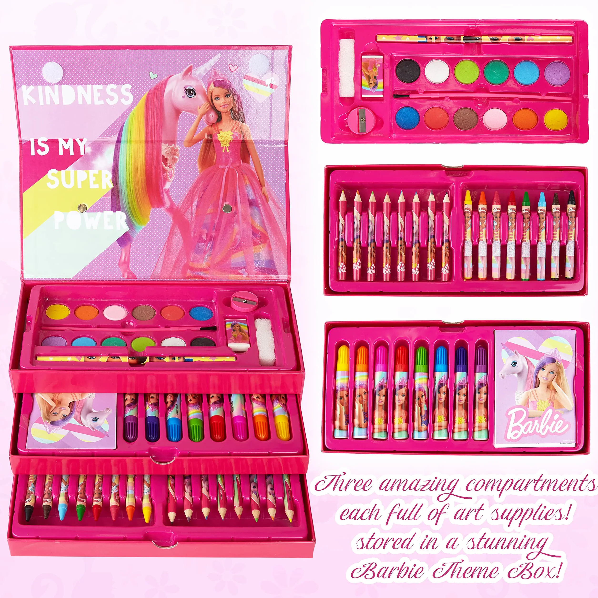 Barbie Valigetta Colori da 44 pezzi Kit Disegno e Pittura con Pennarelli Acquerelli Colori a Cera Matite Colorate