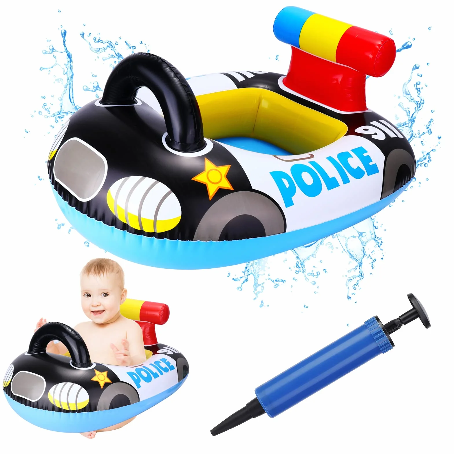 Anello di Nuoto del Fumetto,Auto Della Polizia Salvagente Neonato Galleggiante Gonfiabile del Bambino Dell'anello di Nuoto del Float Salvagente Seggiolino and Gonfiatore Bambini Piscina Giocattolo