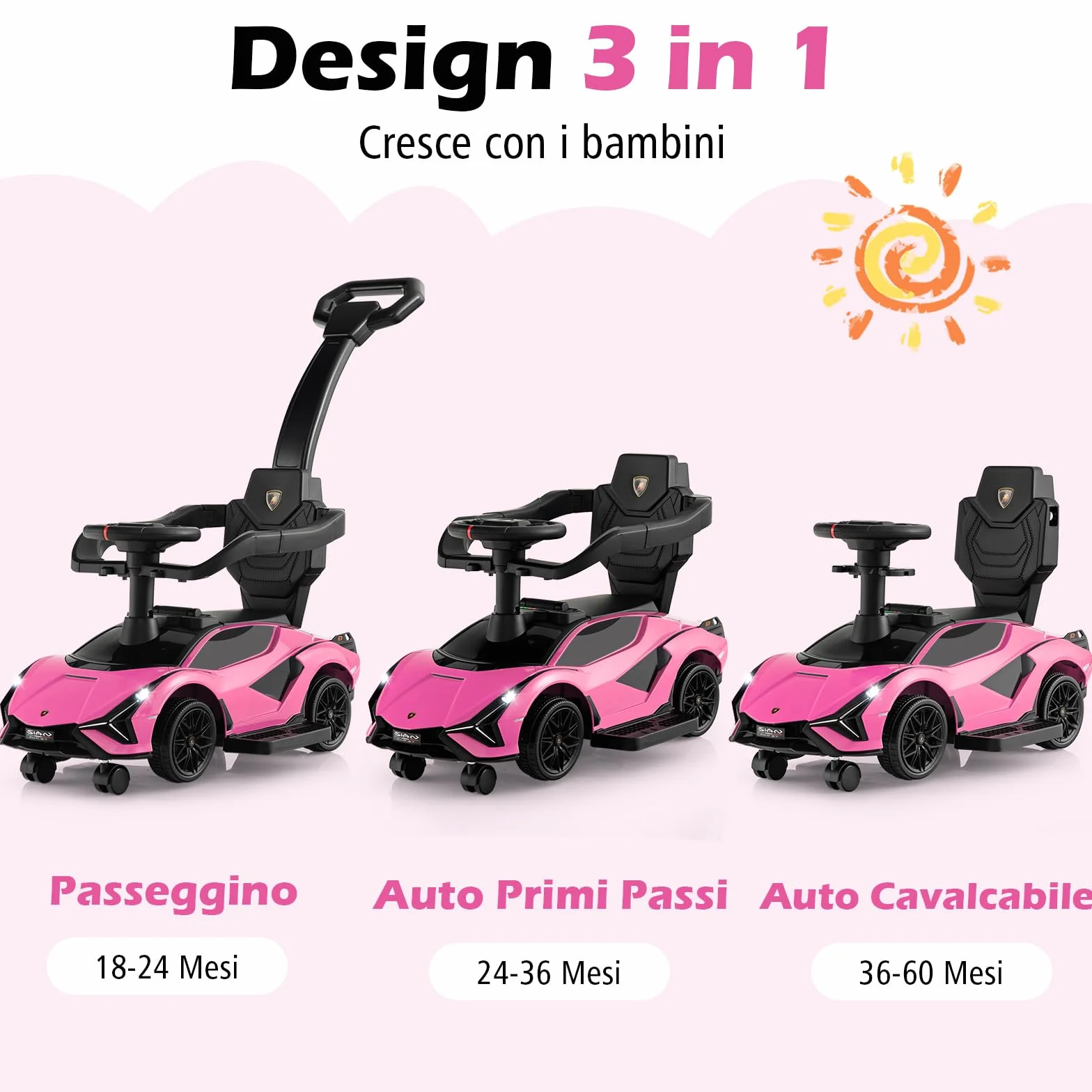 COSTWAY 3 in 1 Auto da Spinta con Paracolpi e Manubrio Rimovibili, Musica e Fari, Rosa per Bambini 18-24 Mesi
