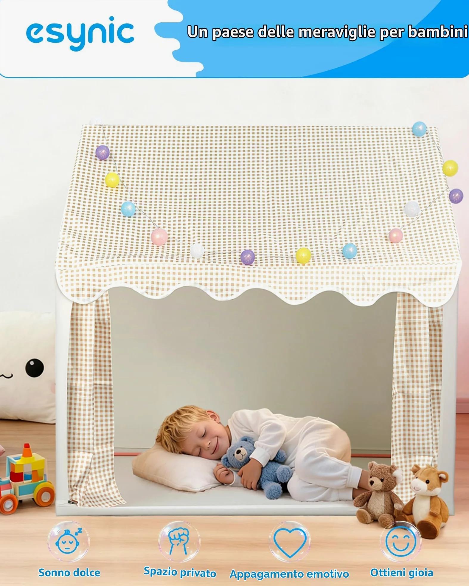 eSynic Tenda da Gioco per Bambini con Luci LED Decorative, Casetta Stanza di Attività Giochi con 2 Finestre per 2-3 Piccoli, Angolo da Lettura Studio, Facile da Montare - Beige a Quadri
