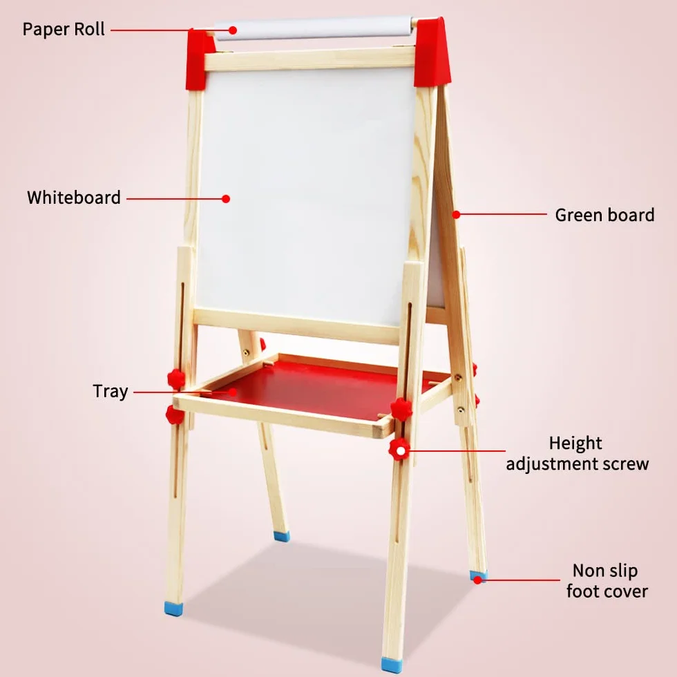 Cavalletto per Bambini 3 in 1 Doppia Faccia Lavagna in Legno con Numeri e Accessori Educativi