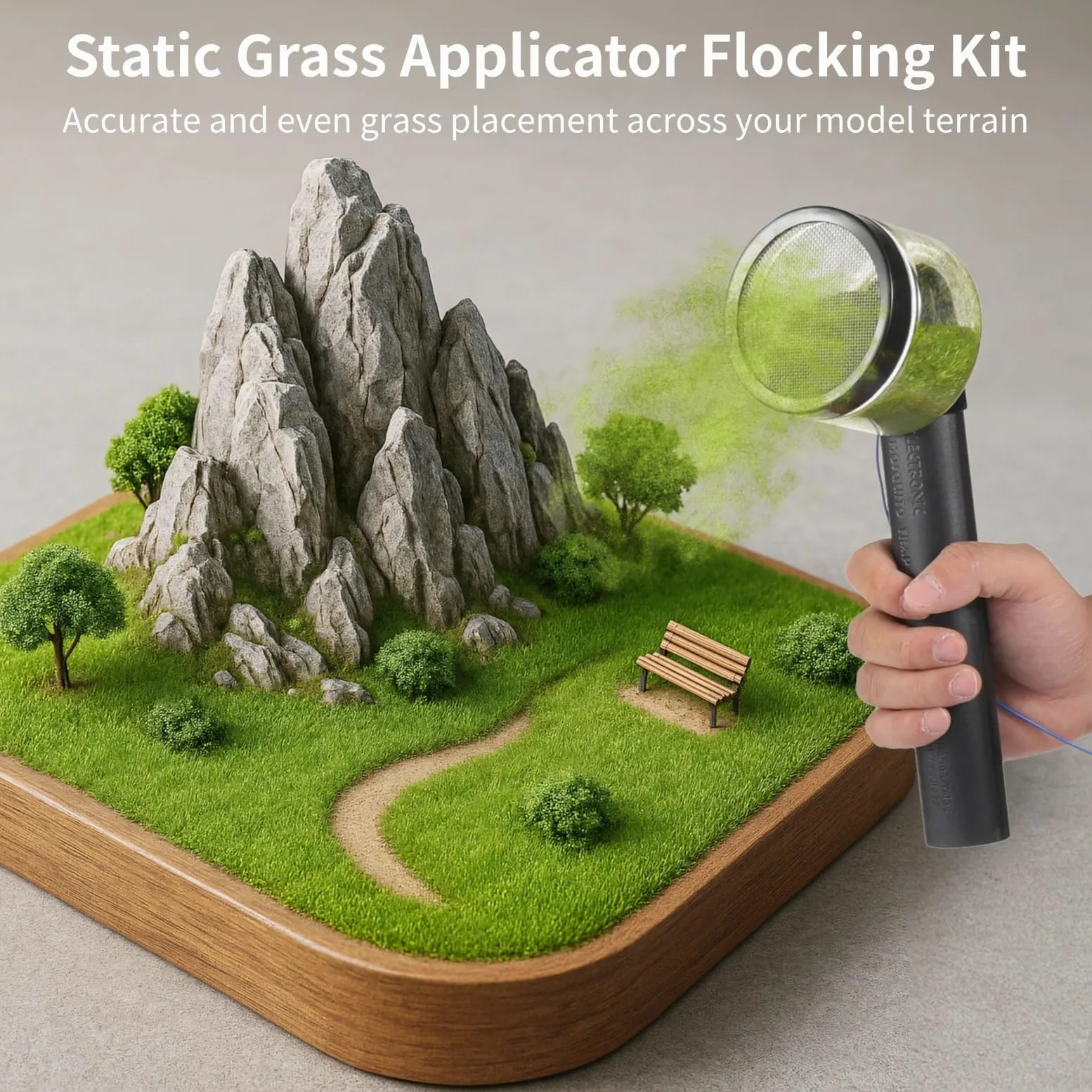 PONDON Kit per l'applicazione di erba statica, 8 pezzi, con 6 colori di erba, in miniatura, paesaggi in miniatura, con spazzola, alimentazione a batteria