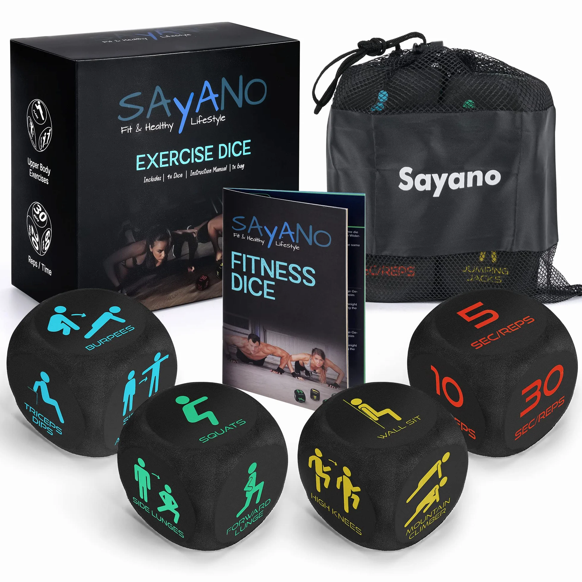Set 4 Dadi Fitness per Allenamento Casa e Outdoor – Dadi Allenamento per Esercizi di Forza, Cardio e HIIT – Gioco Fitness con Borsa Portaoggetti e Istruzioni
