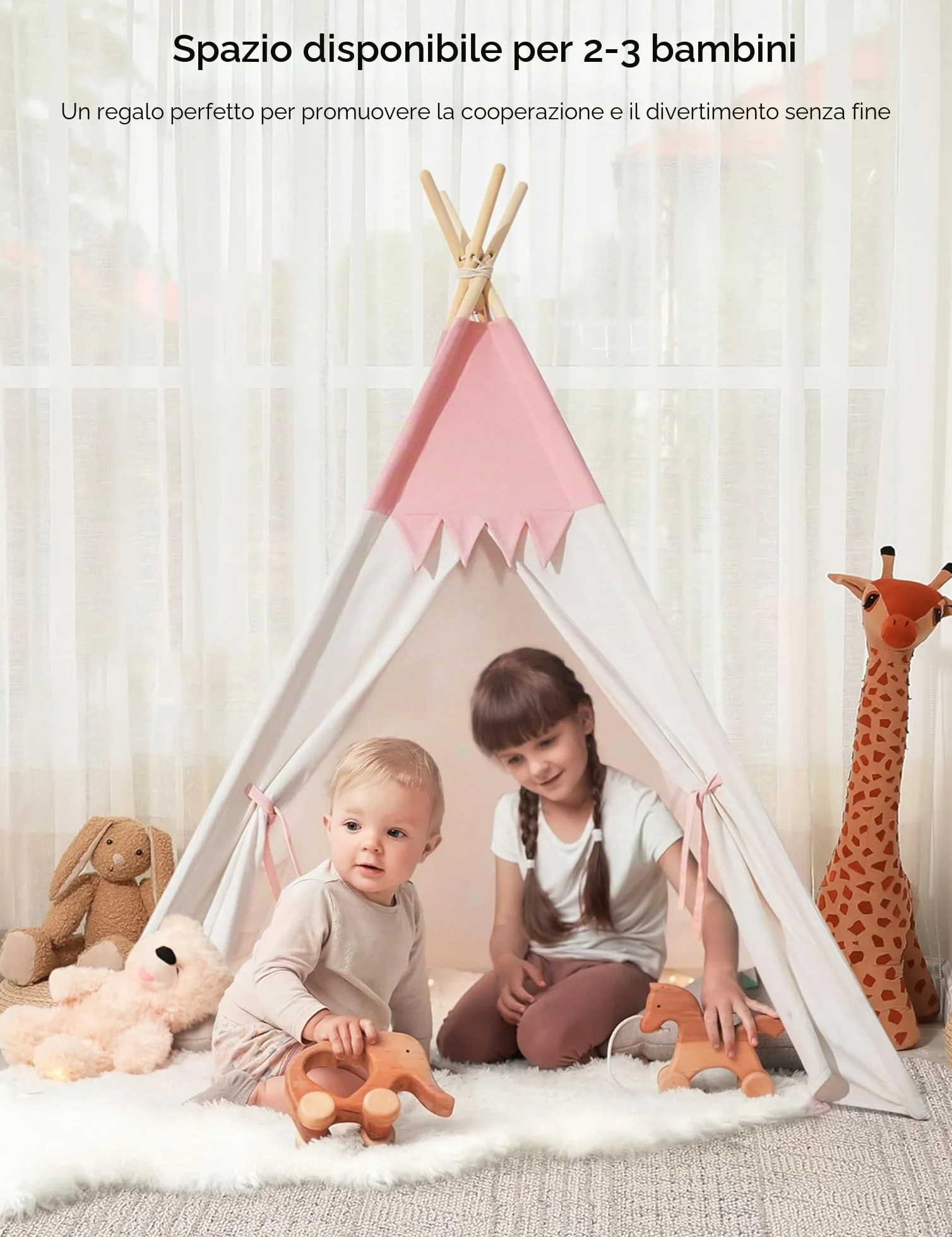 besrey Tenda per Bambini da Gioco in Tela Indiana Teepee in Cotone con Tappetino Imbottito e Luci Fatate (Rosa e bianco)