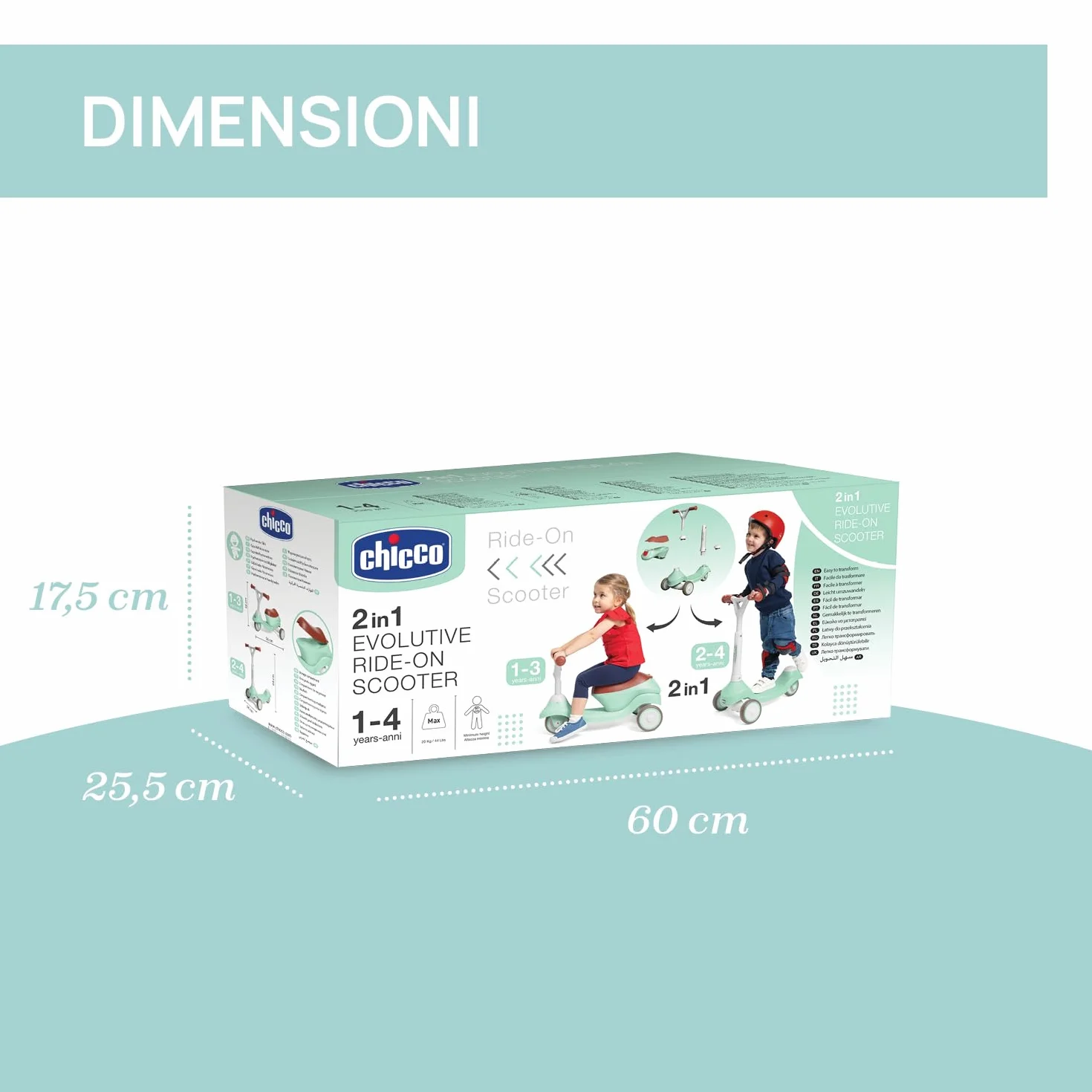 Chicco Monopattino Evolutivo 2 in 1 Cavalcabile 1 anno, Monopattino 2 anni, 20 kg, Manubrio Sterzante