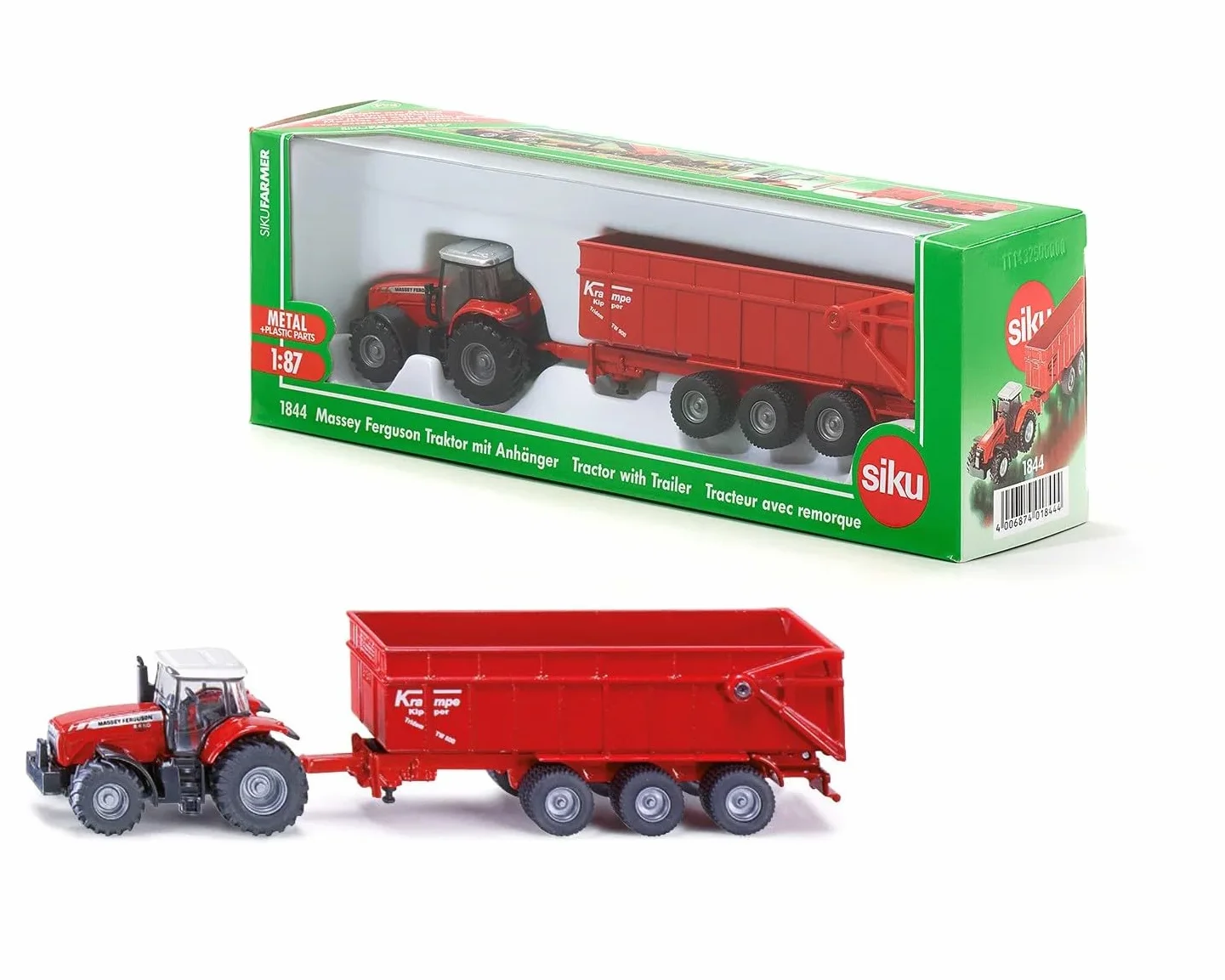 Siku 1844, Trattore Massey Ferguson con rimorchio, 1:87, Metallo/Plastica, Rosso, Rimorchio ribaltabile