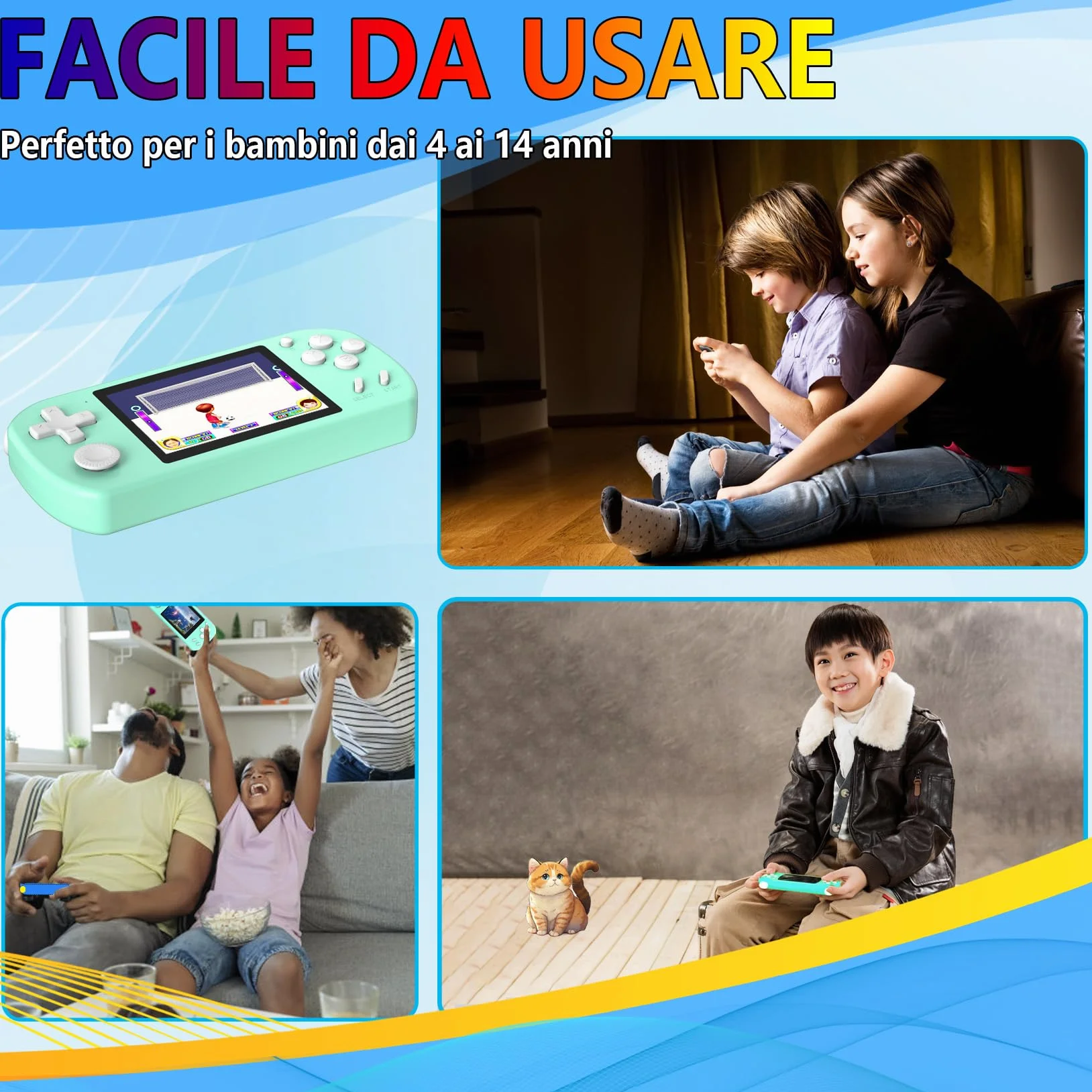 Console Portatile Gaming per Bambini con 218 Videogiochi Retrò Precaricati, Mini Retro Console con Batteria Ricaricabile e Schermo LCD da 3,0”, Regalo Elettronici per Bambini e Bambine, Ciano