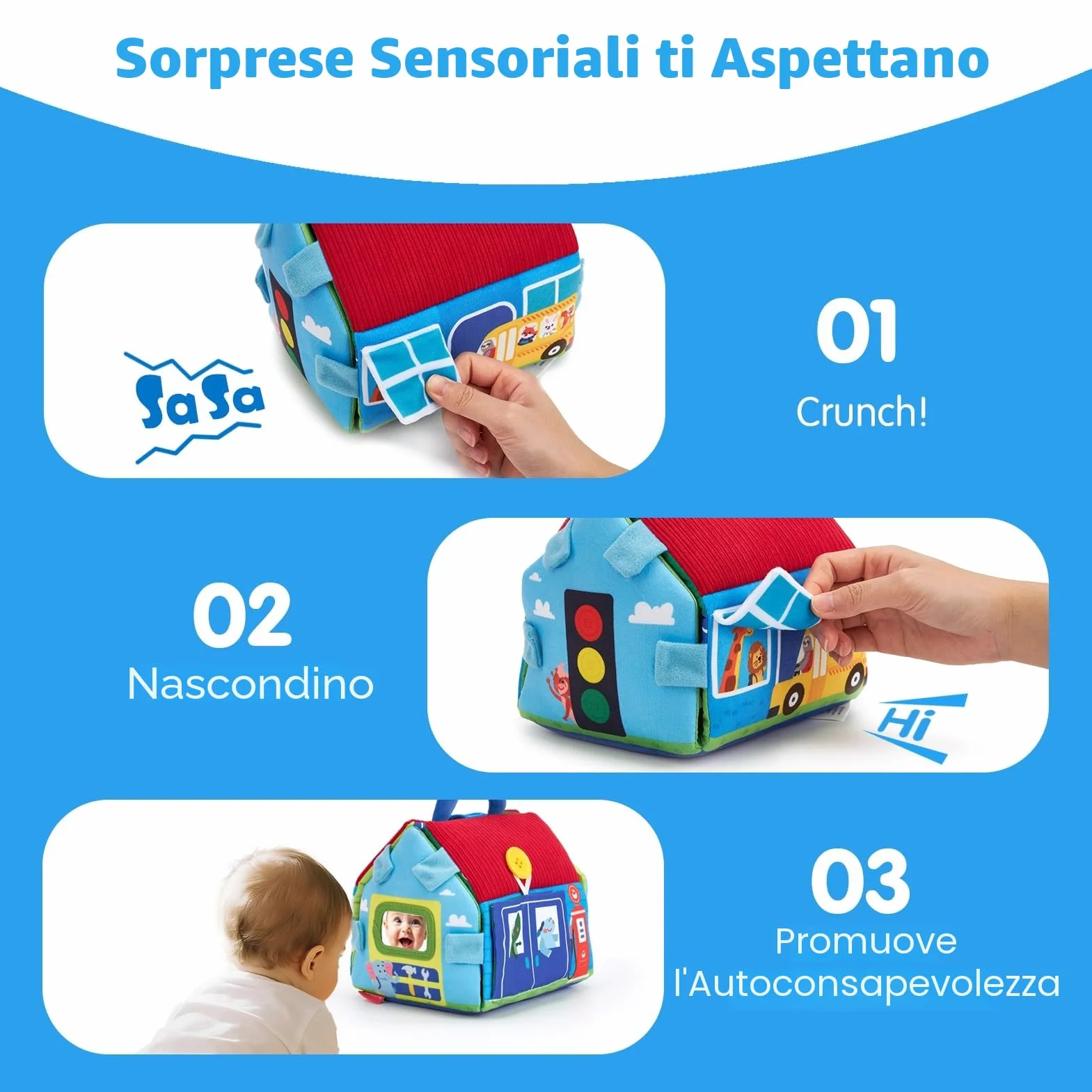 hahaland Giochi Neonato 6 9 12 Mesi - 4 PCS Peluche Macchinine per Bambini con 2 in 1 Borsa & Tappetino da Gioco - Giochi Montessori 1 Anno Regalo per Bimbo Bimba
