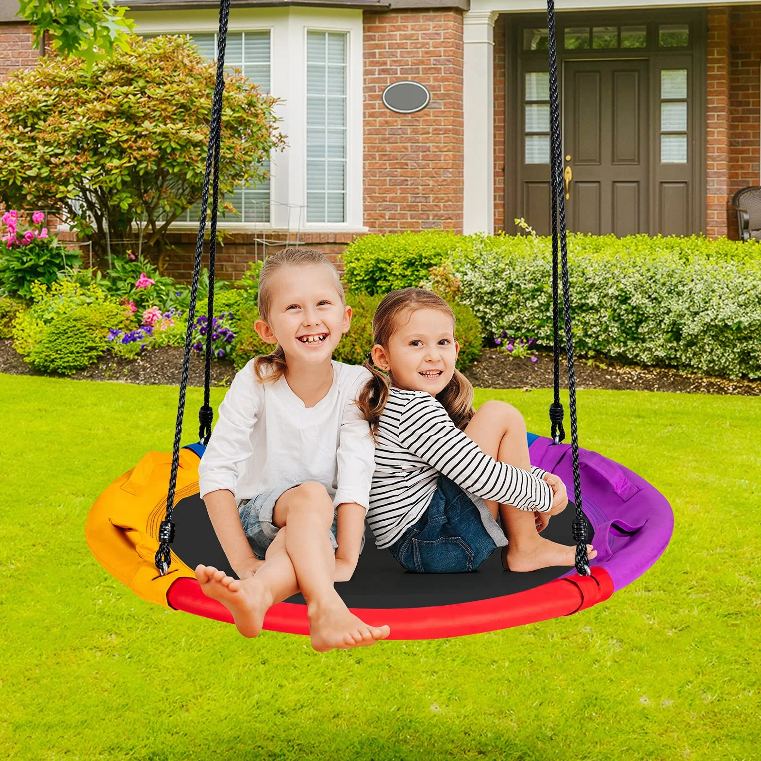RELAX4LIFE Altalena da Giardino per Bambini, Altalena Rotonda a Nido per Esterno e Interno, Altezza Regolabile 100-160cm, per 2-3 Bambini, Carico massimo: 150kg (Colorato+Cuscino)