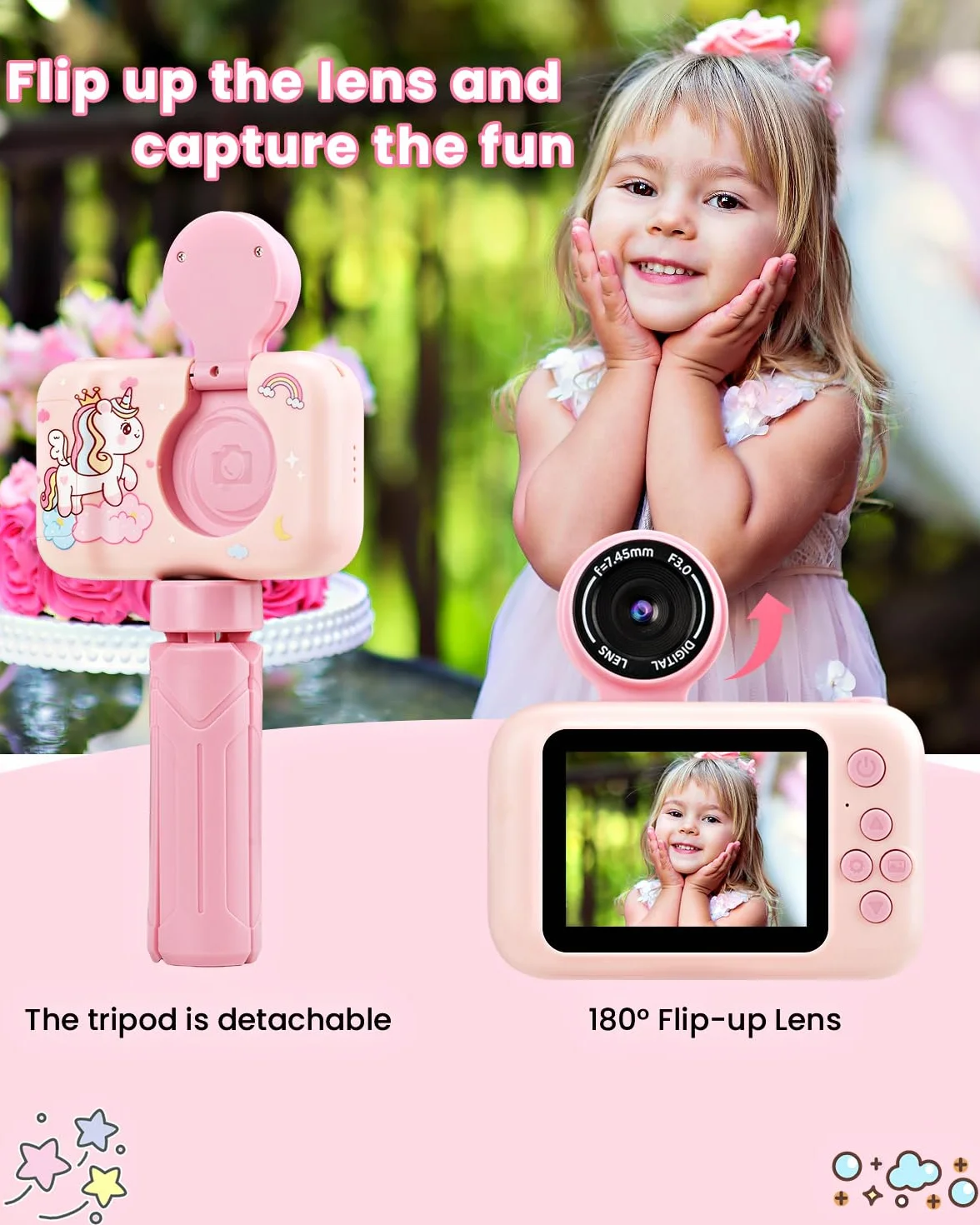 Fotocamera Bambini 1080P Digitale Unicorno Treppiede Display IPS 2.4" Obiettivo Rotante 180° 32GB Regalo Natale Compleanno