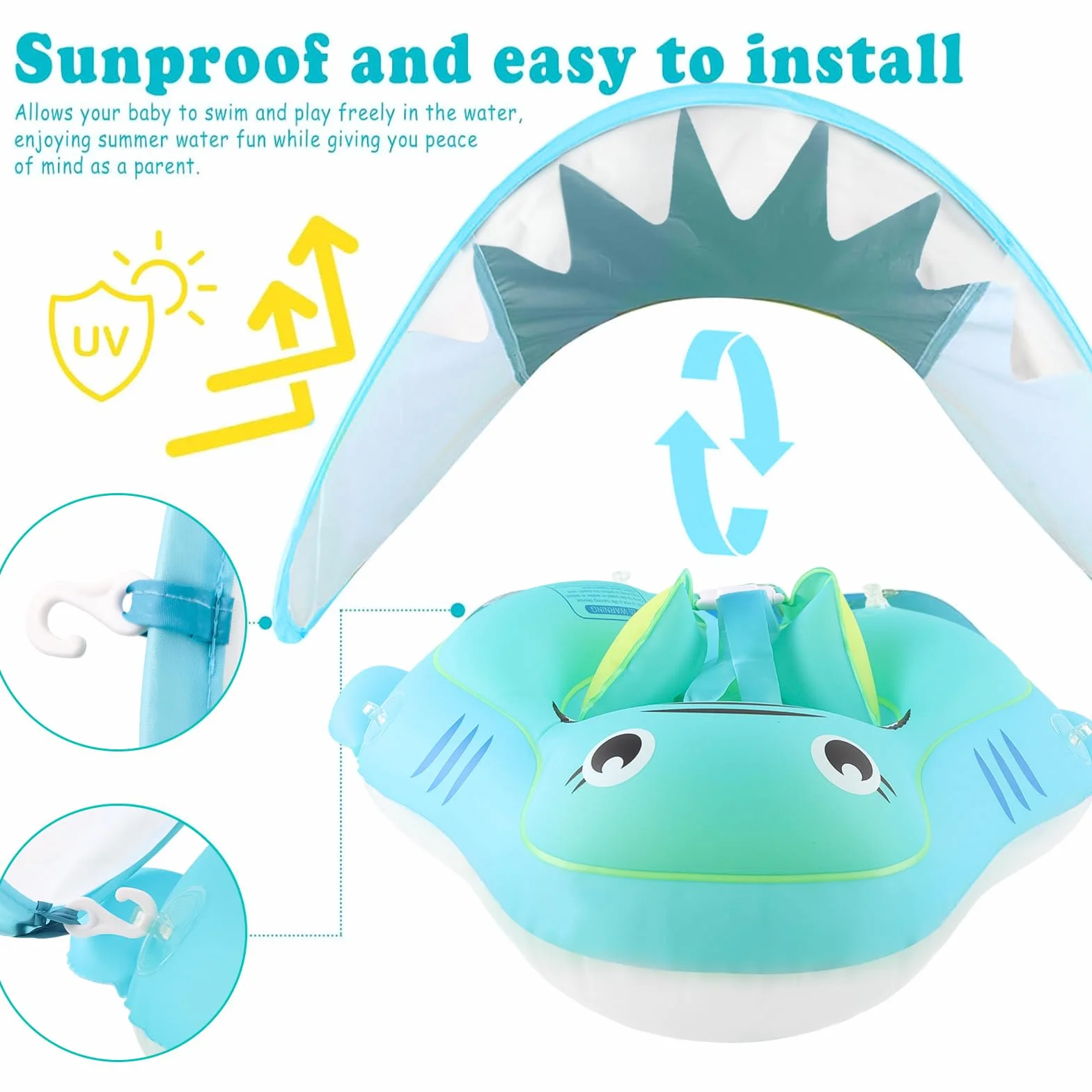 Salvagente Neonato con Parasole, Baby Float Gonfiabile per Neonati 3-72 Mesi, Galleggiante Piscina con Cinture di Sicurezza & Camere d’Aria, Protezione UV per Mare e Piscina