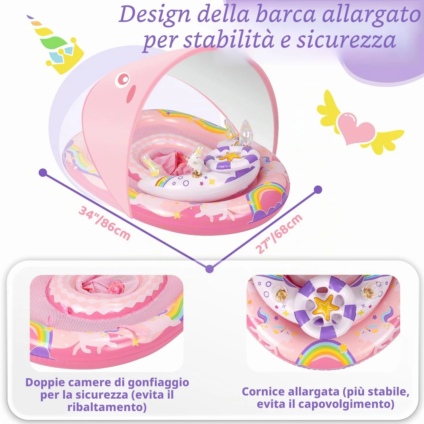 ACELIFE Anello galleggiante per bambini con tettuccio parasole rimovibile e giocattolo, per bambini dai 6 mesi in su, con sedile di sicurezza regolabile, per bambini da 6 a 36 mesi