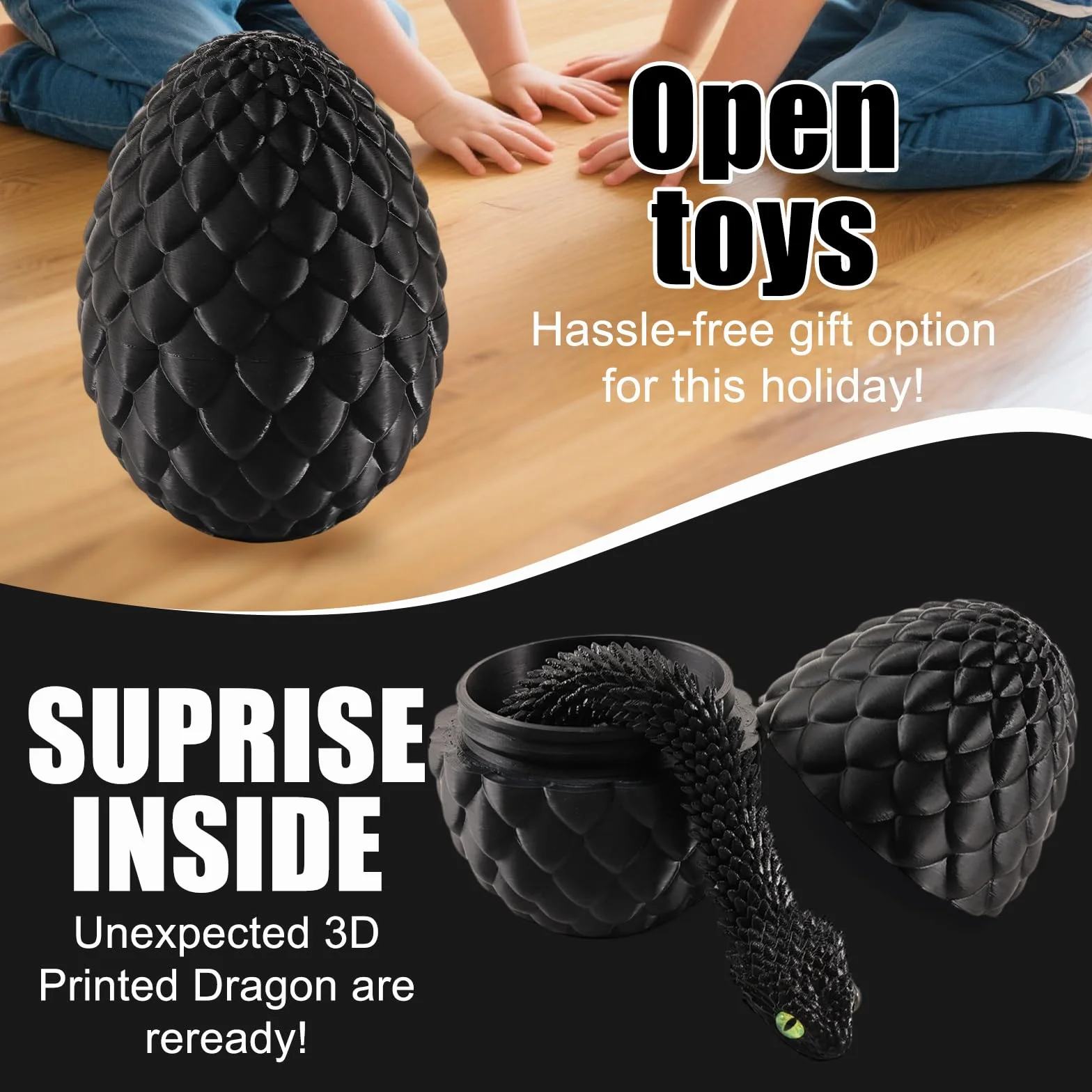 Joycabin Serpente Giocattolo 3D Stampato, Uovo di Drago 3D Stampato Pasqua, Uova di Serpente, Animali 3D Stampati Giocattolo per Bambini Regali, Decorazione da Scrivania e Casa (45cm/Nero)