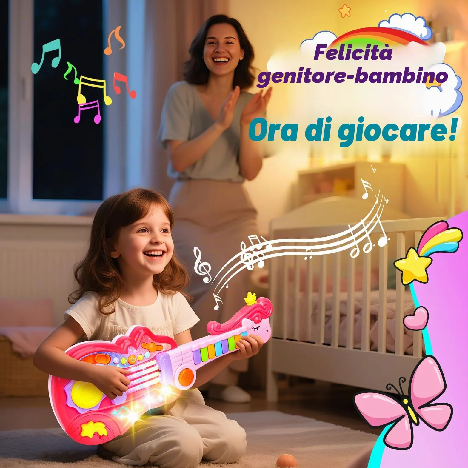 Chitarra Giocattolo 2-in-1 per Bambini con Modalità Pianoforte Strumento Musicale Elettrico Regalo 3-5 Anni Rosa