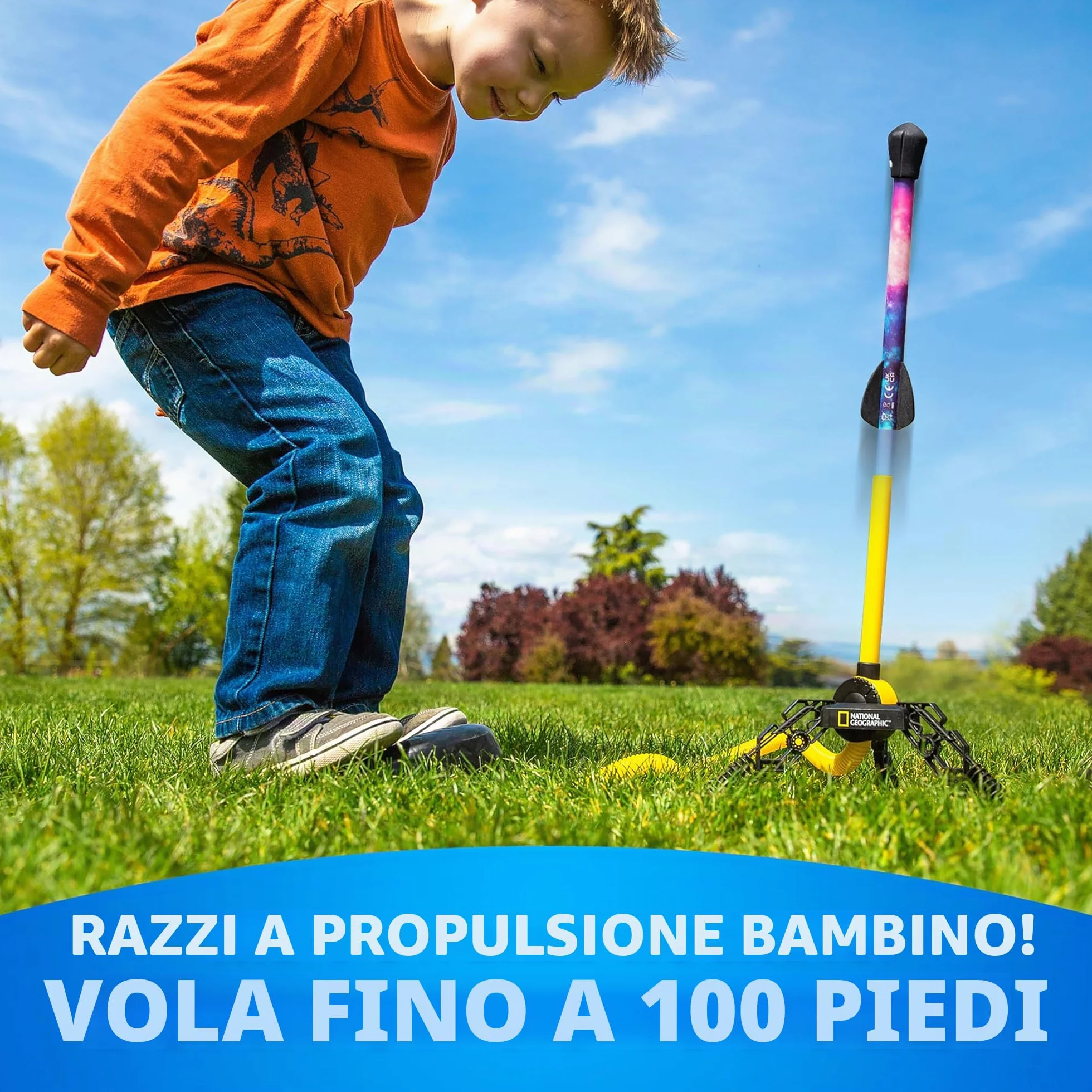 National Geographic Razzo ad Aria per Bambini – Lanciatore di Razzi LED, Salta e Lancia Razzi in Schiuma Fino a 30,5 Metri, Giochi all'Aperto
