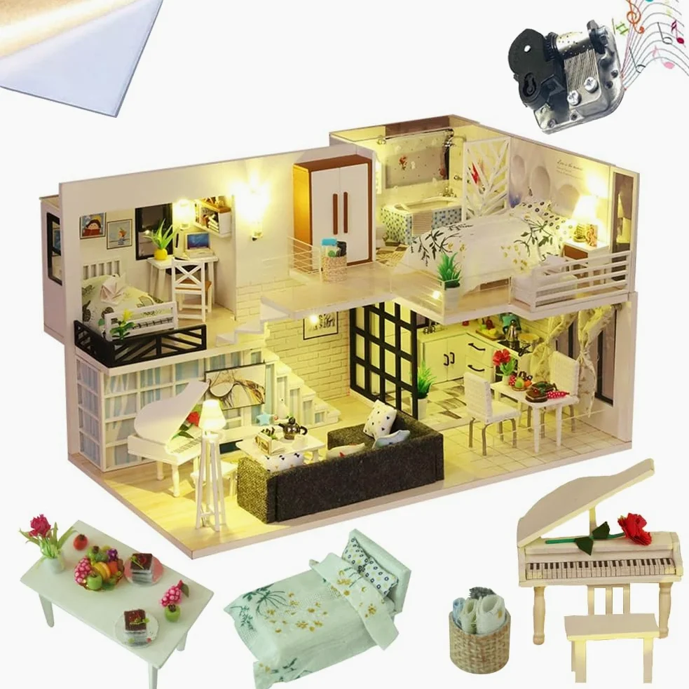 Kit fai da te in miniatura per casa delle bambole a 2 piani, modello moderno in legno con luci a LED, kit di costruzione fai da te, regalo creativo per hobby per adulti e ragazzi