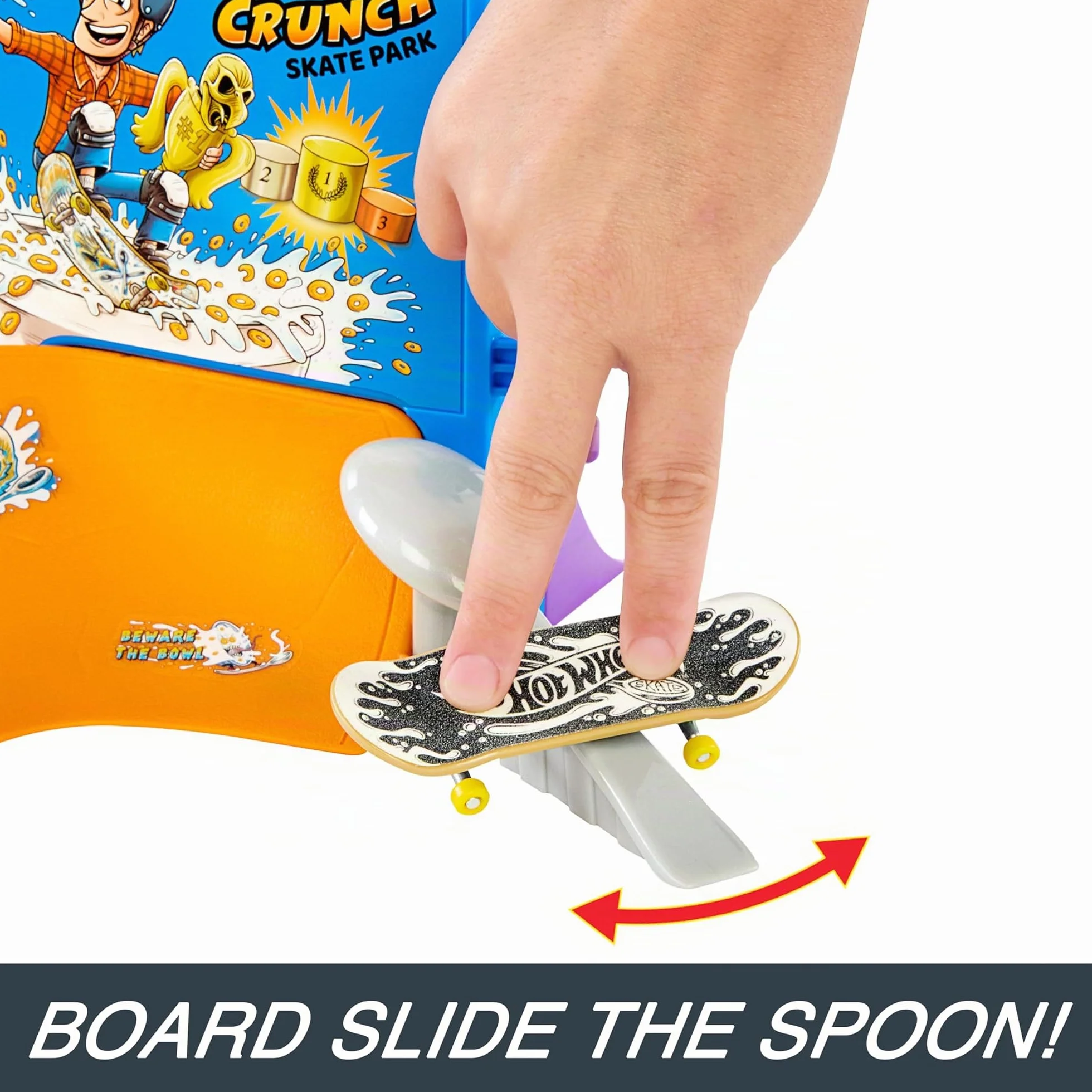 Hot Wheels Skate - Ciotola per Cereali da Skate di Tony Hawk, playset a tema cereali con 1 fingerboard e 1 paio di scarpine da skate removibili inclusi, giocattolo per bambini, 5+ anni, HTP09