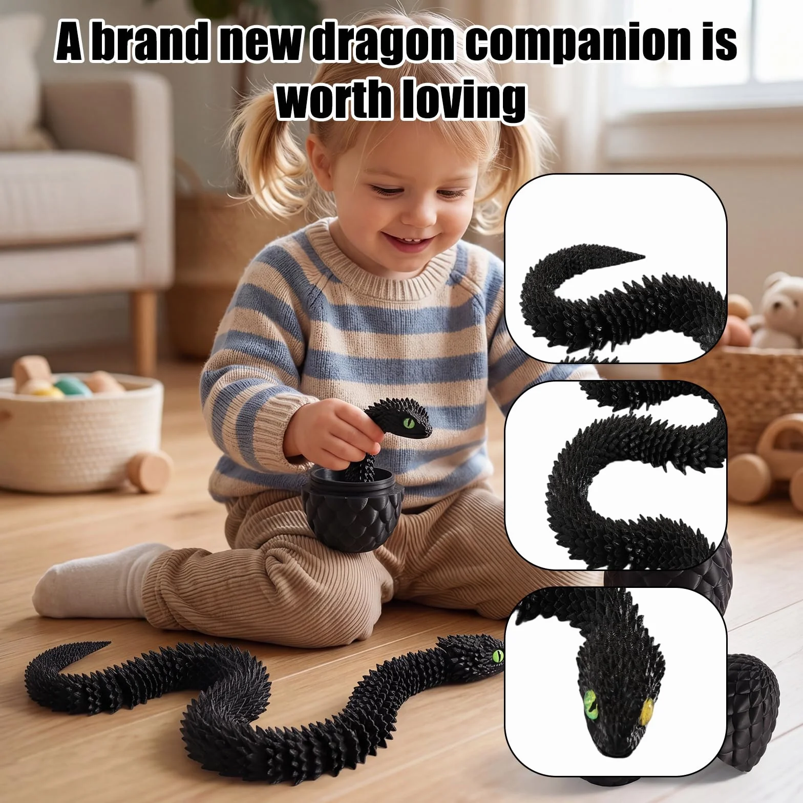 Joycabin Serpente Giocattolo 3D Stampato, Uovo di Drago 3D Stampato Pasqua, Uova di Serpente, Animali 3D Stampati Giocattolo per Bambini Regali, Decorazione da Scrivania e Casa (45cm/Nero)