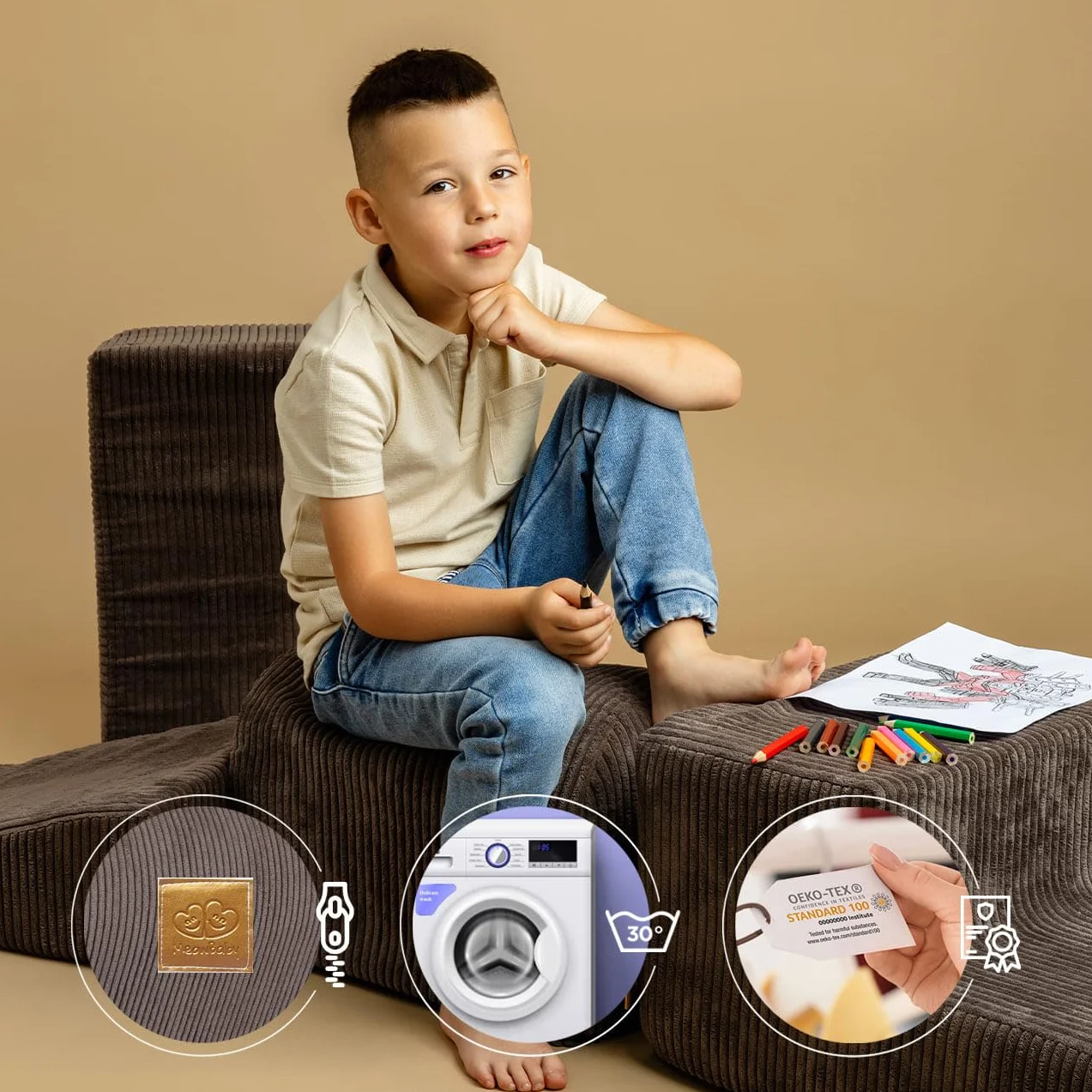MEOWBABY Playset in Schiuma Morbida - Percorso a Ostacoli per Bambini, 3 Blocchi Modulari, Area Giochi Sicura e Interattiva 145x45 cm, Perfetto per Neonati e Prima Infanzia, Kord, Crema