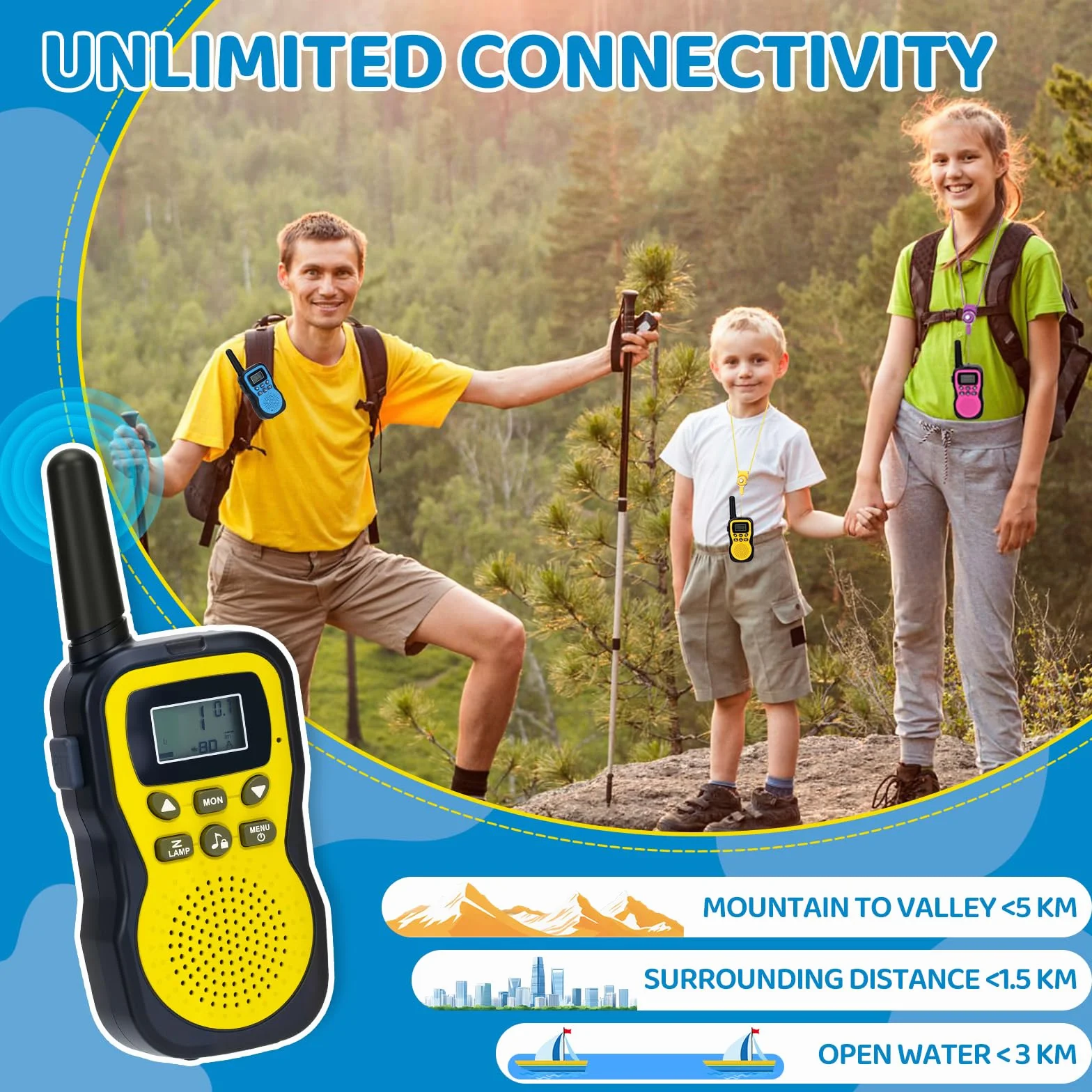 Walkie Talkie Bambini Ricaricabili 3 Pezzi con Batteria per 3-12 Anni Campeggio