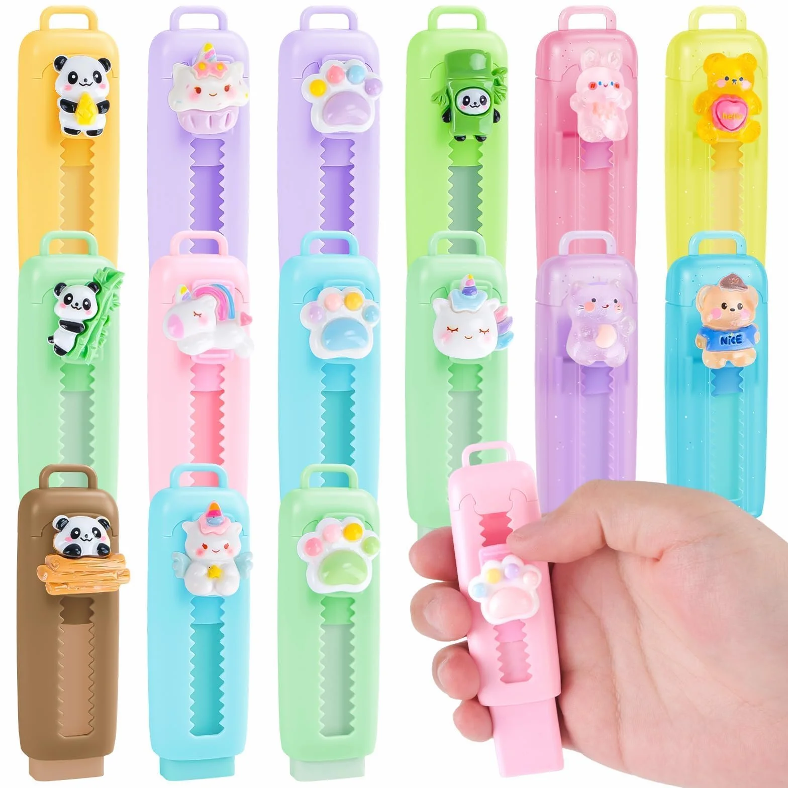 16 Gomme da Cancellare Retrattili per Bambini, Gadget Compleanno Bambini, Motivi 3D Unicorno Panda Orsetto, Gomma da Cancellare, Regalini Fine Festa Scuola 6-10 Anni