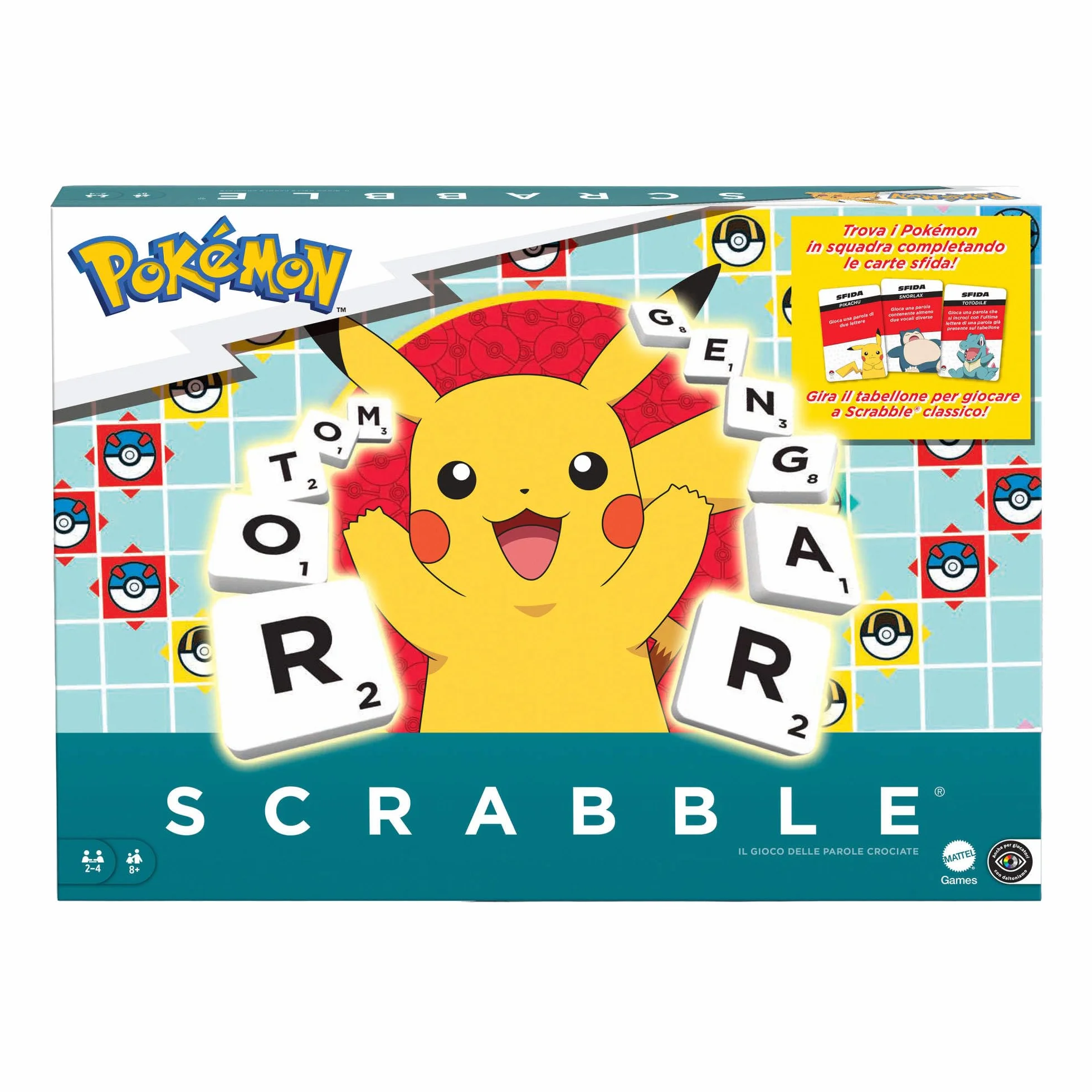 Mattel Games - Scrabble Pokémon, il gioco da tavolo delle parole crociate con 50 sfide dei personaggi Pokémon, tabellone a due facce con due modalità di gioco, versione italiana, 8+ anni, HXT30