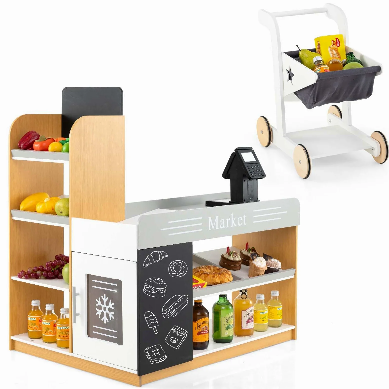 COSTWAY Set da Gioco da Supermercato, Banco di Mercato per Bambini in Legno con Carrello della Spesa, 2 Lavagne e Registratore di Cassa, Scaffali Espositivi, per Bambini 3+ Anni