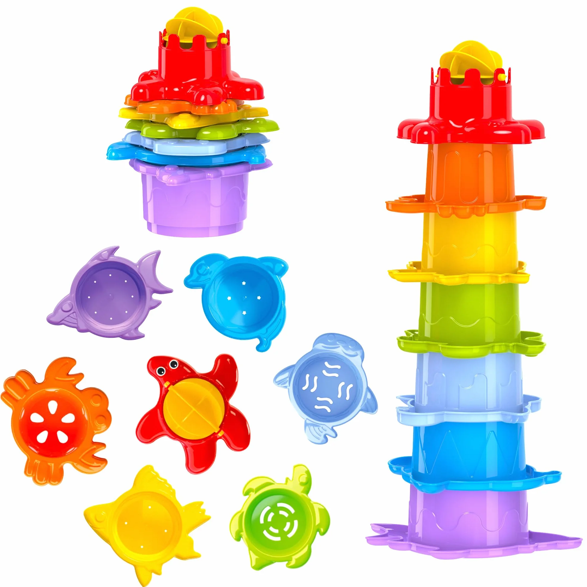 FANCY Tazze Impilabili Bambini Set Bagno 29 cm Torre Impilabile per Ragazzi e Ragazze dai 1 Anno, Giocattoli Montessori Giochi Bagnetto, per la Spiaggia e Piscina, Idea Regalo