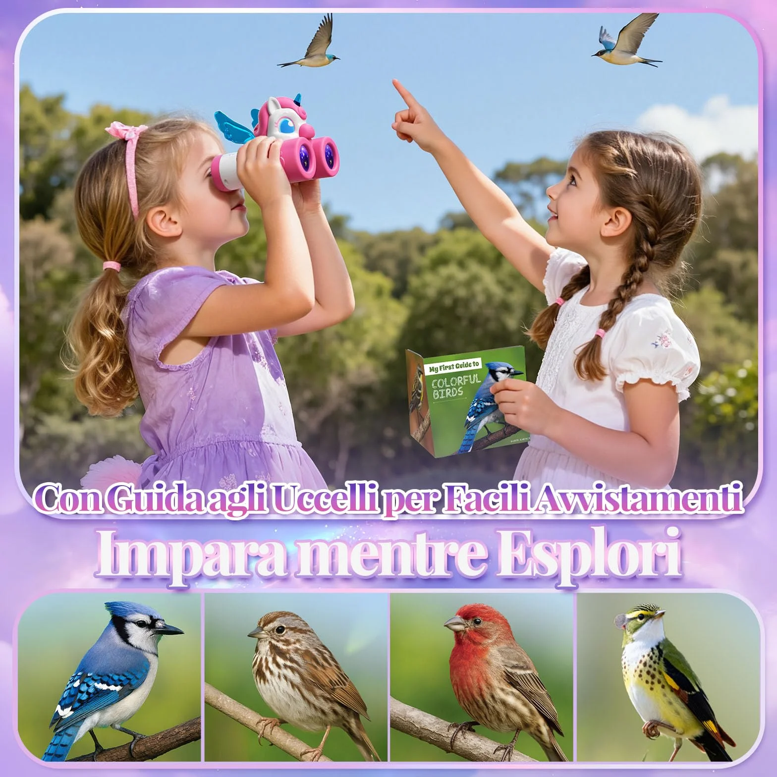 Binocolo Bambini con Guida Uccelli, Unicorno Bambina Regalo 3-12 Anni Giochi Bambina 3 4 5 6 7 8 9 Anni, Giocattolo Bambini Gioco Bimba 3-10 Anni Femmina Esterno Giardino Educativo Regali Compleanno