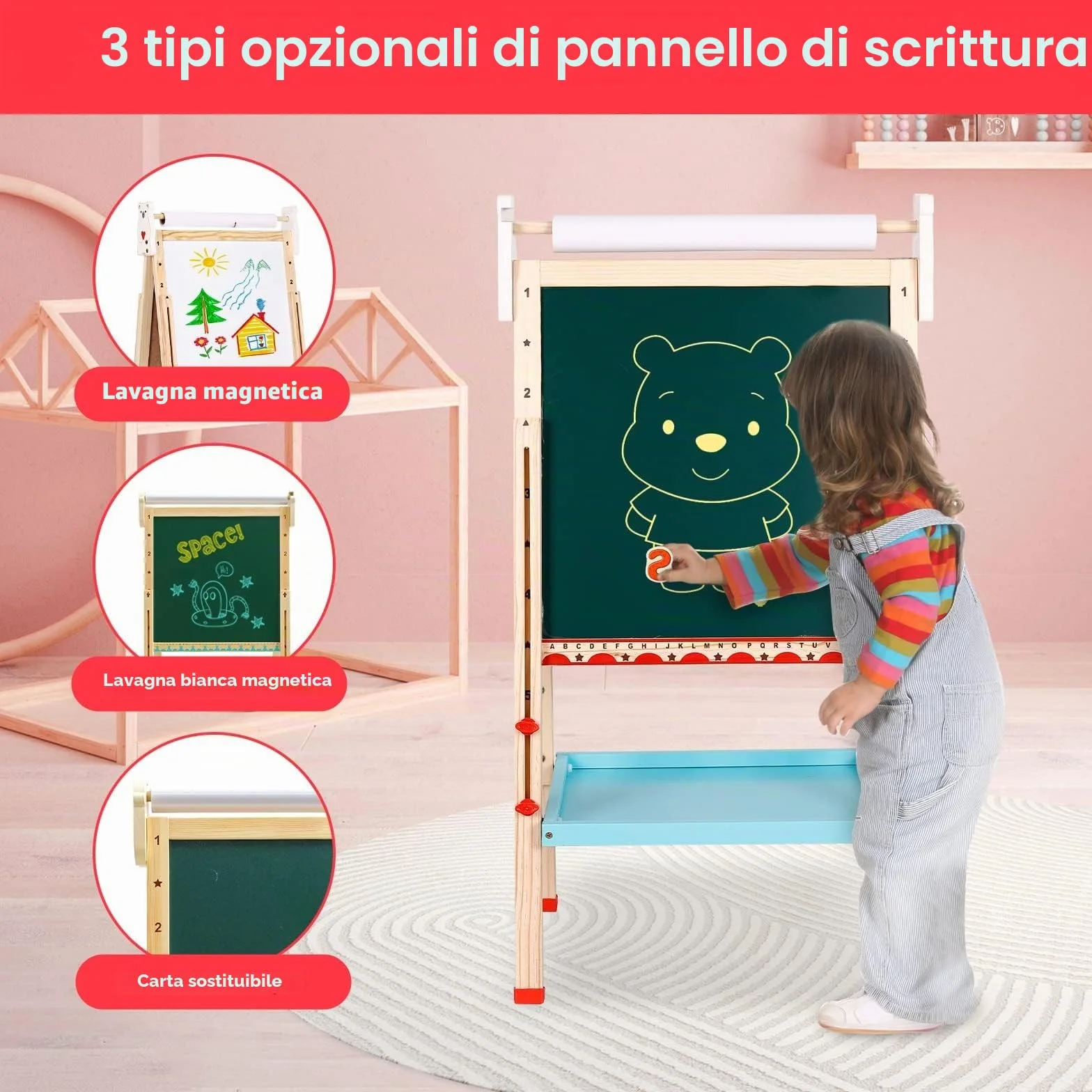 Lavagna per Bambini a Doppia Faccia con Cavalletto Regolabile, Giochi Educativi 3+ Anni