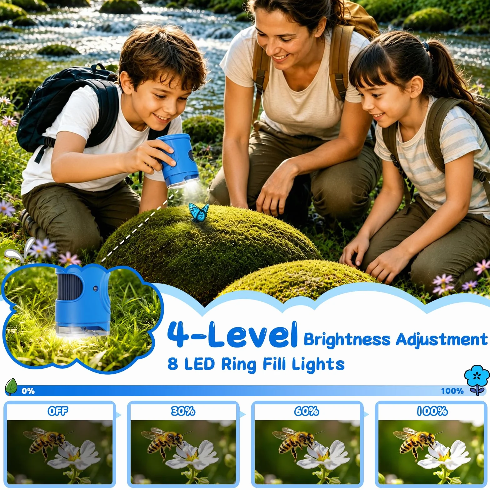Microscopio Digitale Bambini 1000X, Microscopio Portatile con Schermo IPS 2 Pollici, 8 LED Luce Regolabile, Foto e Video, Regalo di Compleanno per Bambini Ragazzi e Ragazze (Blu)