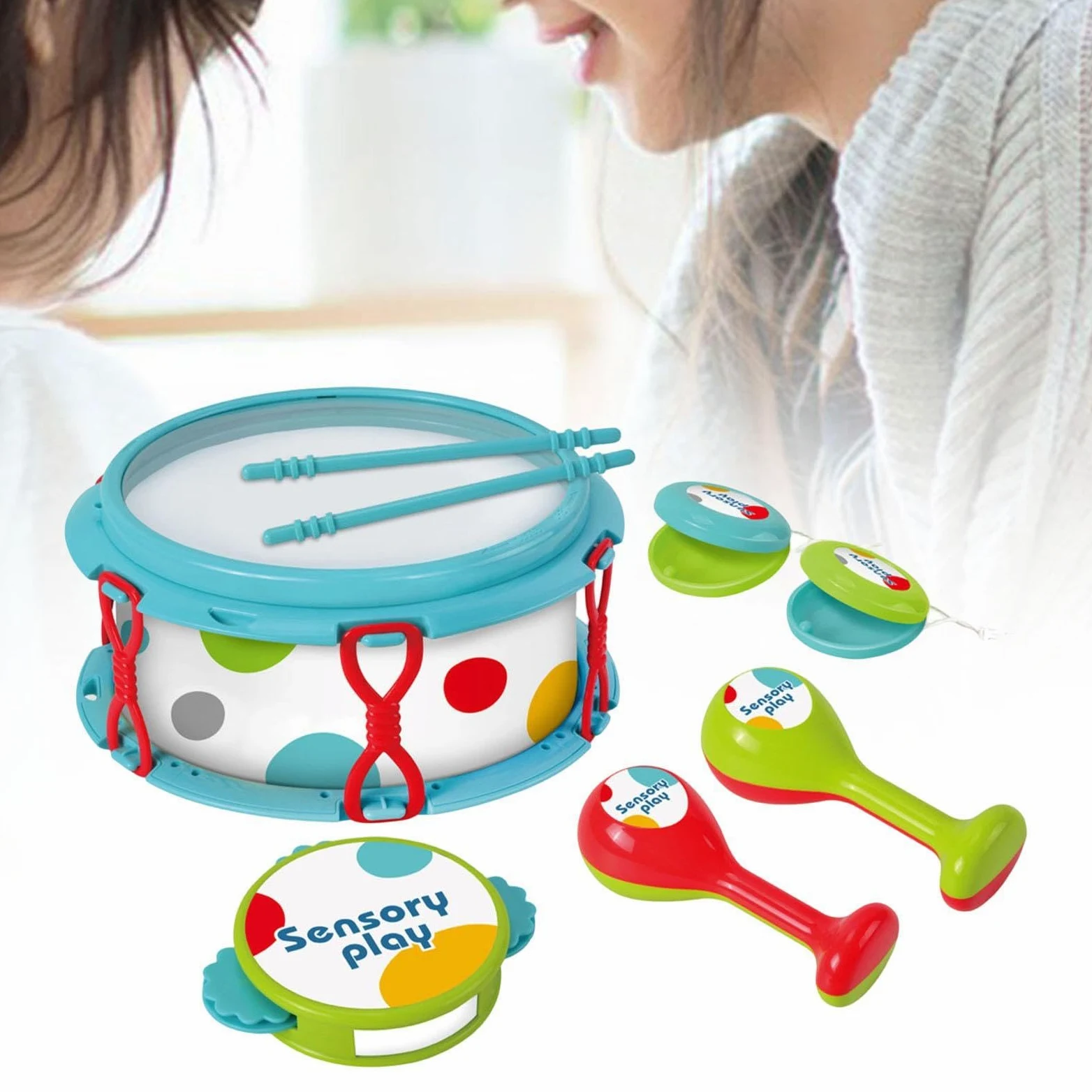 Gralara Tamburello a Mano, bomboniere per Feste, Sviluppo sensoriale educativo, Viaggi, età 3+ Mesi, Strumento a percussione per Bambini, Blu