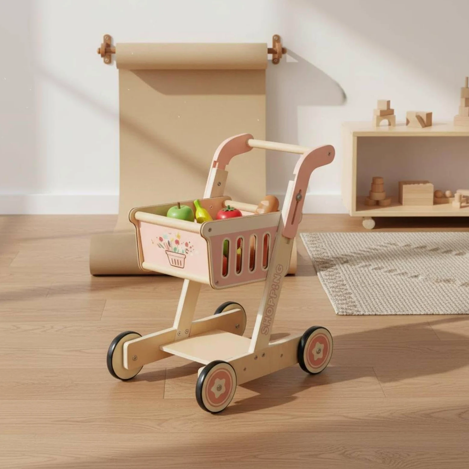 Milageto Carrello della Spesa Giocattolo in Legno per Bambini con Struttura Classica Ruote Lisce Maniglia Solida Comparto Aperto Set di Alimenti in Legno, Carrello della Spesa Rosa