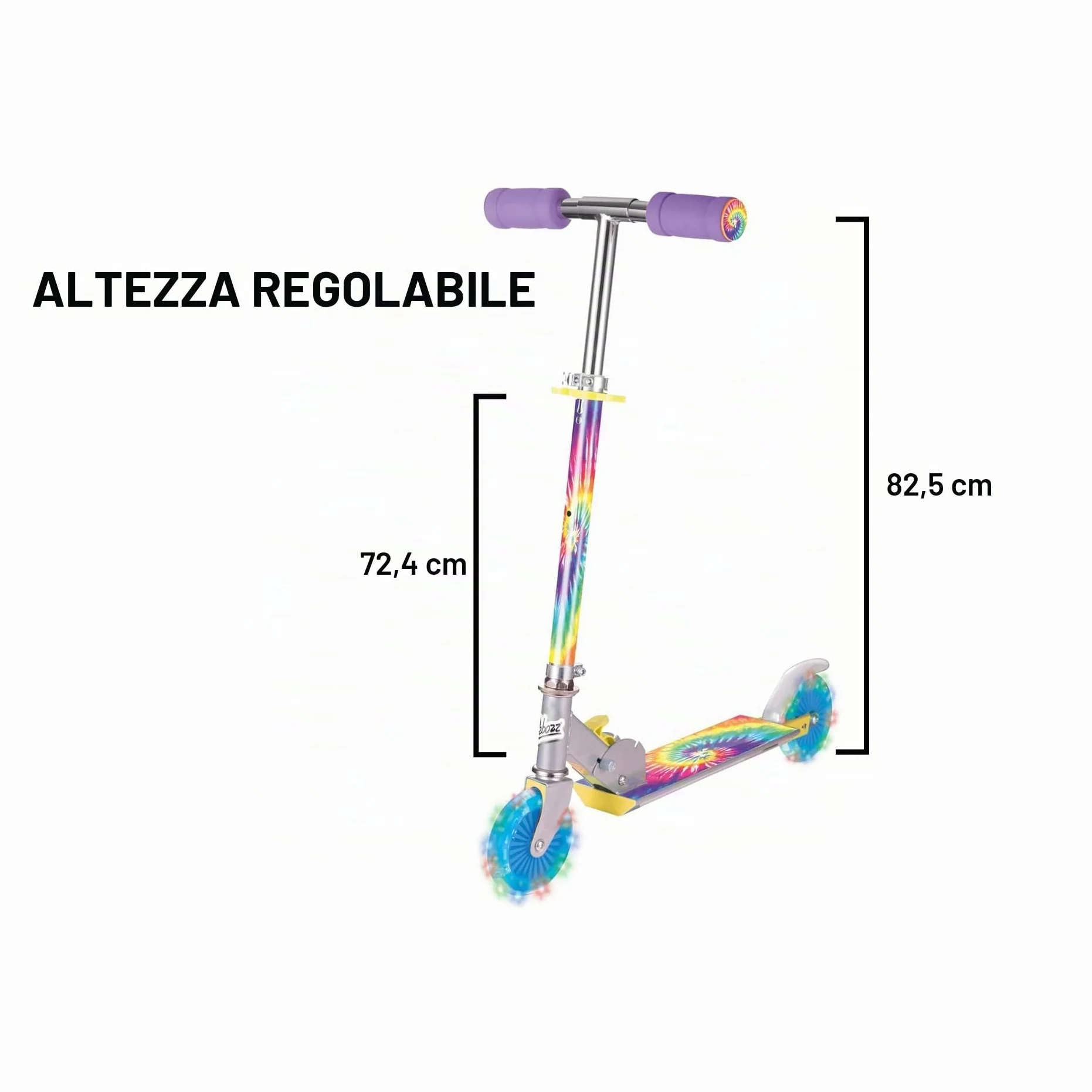 Ozbozz Monopattino pieghevole Tie Dye ruote luminose età 5 anni manubrio regolabile 72,4-82,5 cm