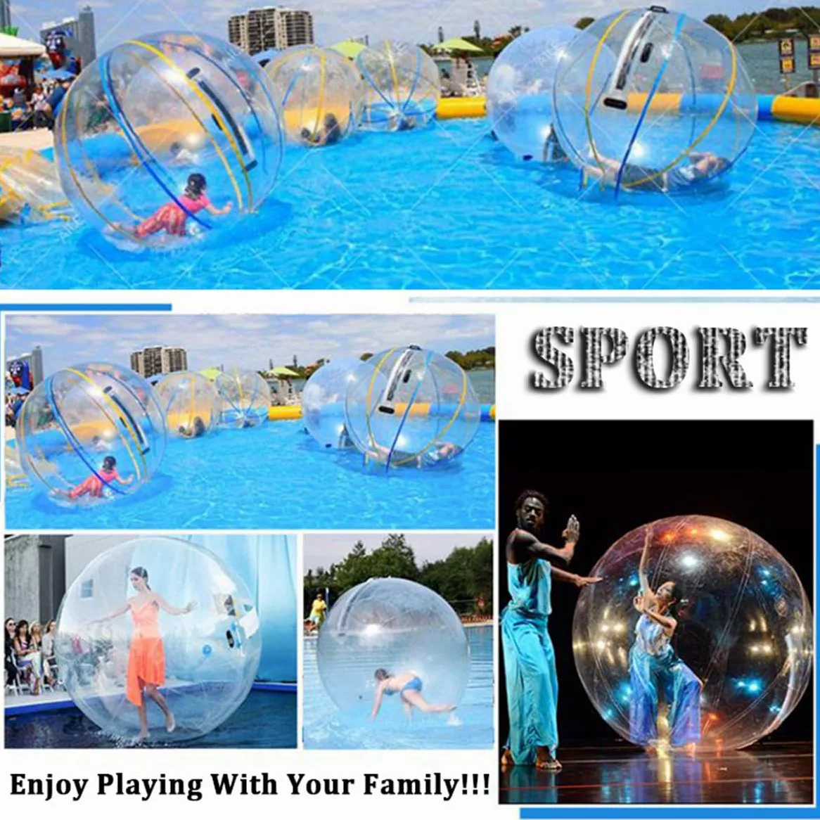 Palla gonfiabile da passeggio in acqua da 1,5/1,8/2/2,5 m, in PVC, per spiaggia e attrezzature per l'intrattenimento, trasparente, con pompa ad aria elettrica e cerniera,1.8m