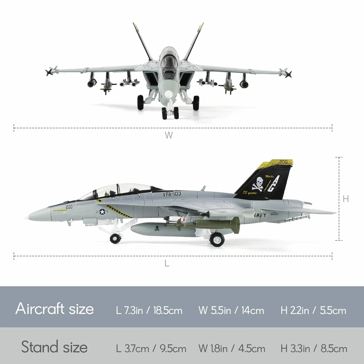1/100 Scala F/A-18 Super Hornet Fighter Jet Modello US Navy Attack Aircraft VFA 103 Jolly Rogers Miniature Metal Diecast Airplane Model Kit con Stand per Adulti Collezione o Regalo