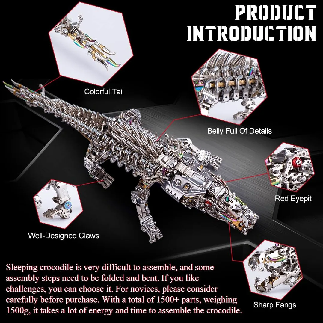 Peiro Puzzle in metallo 3D, con coccodrillo 3D, set di puzzle 3D, 1500 pezzi, set di puzzle a coccodrillo, set di puzzle 3D, in metallo, per adulti e bambini, argento